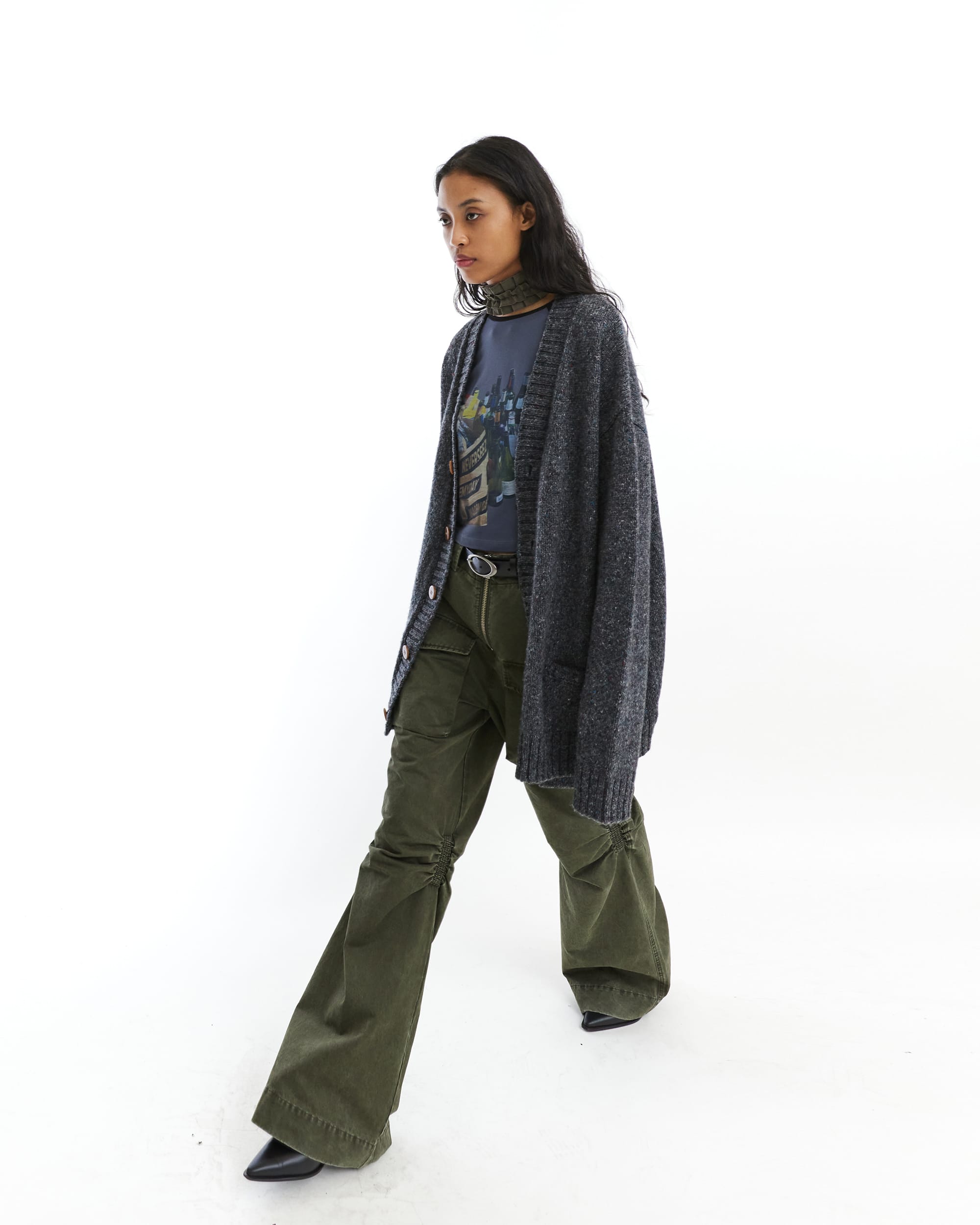 NEVERSEEZ Distressed Ruched-Knee Flared Cargo Pants