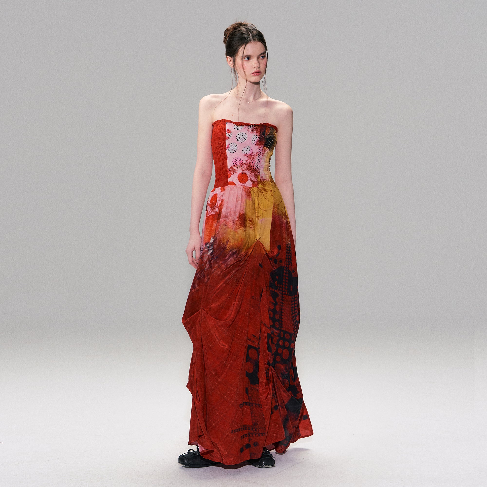 THE NEVERMORE Asymmetric Shirred Spliced Maxi Dress