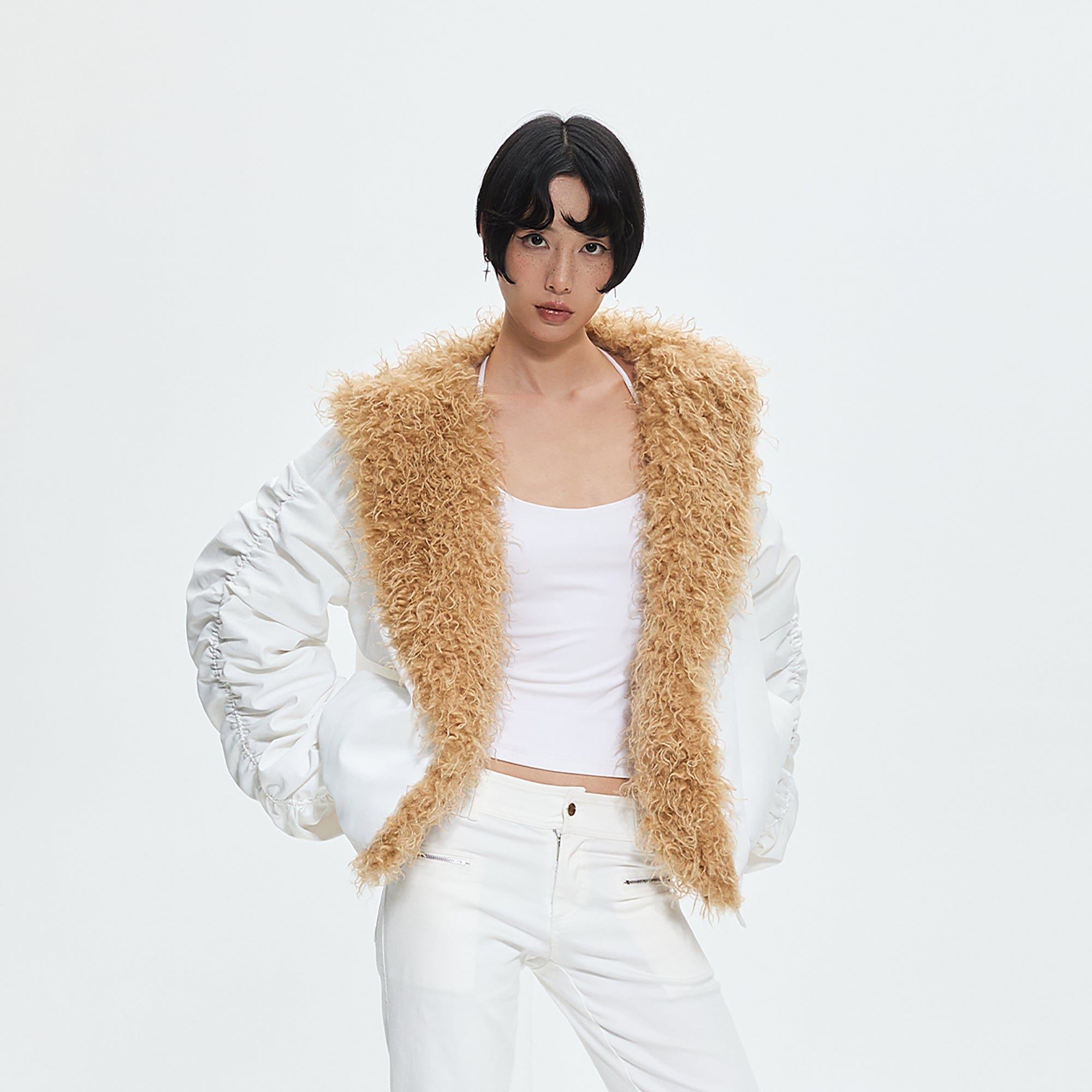 AE30 SAINT Faux Fur Trim Ruched Sleeve Parka