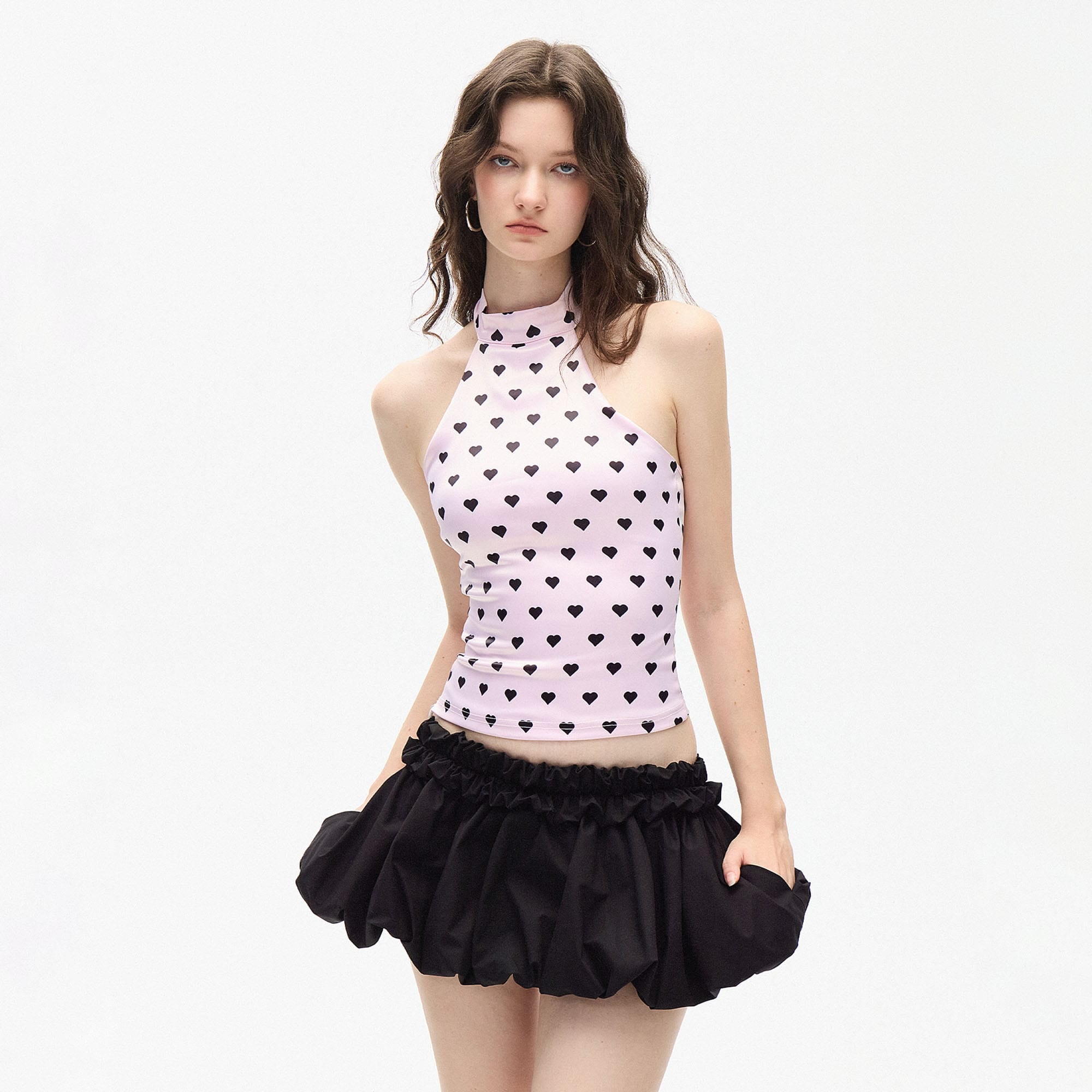 AE30 SAINT Heart Polka Dots Halter Corset Top Pink