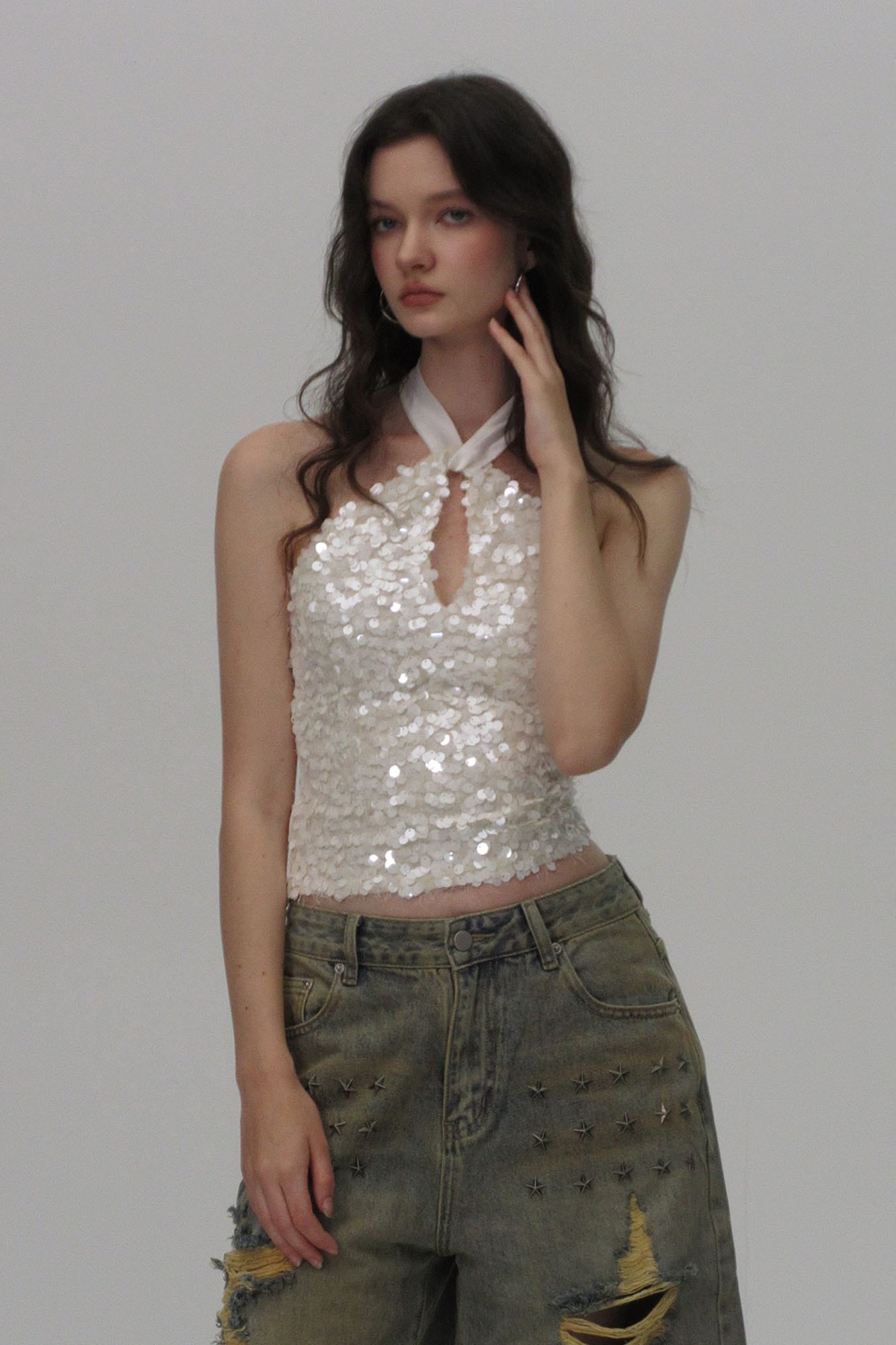 AE30 SAINT Sequin Keyhole Halter Top