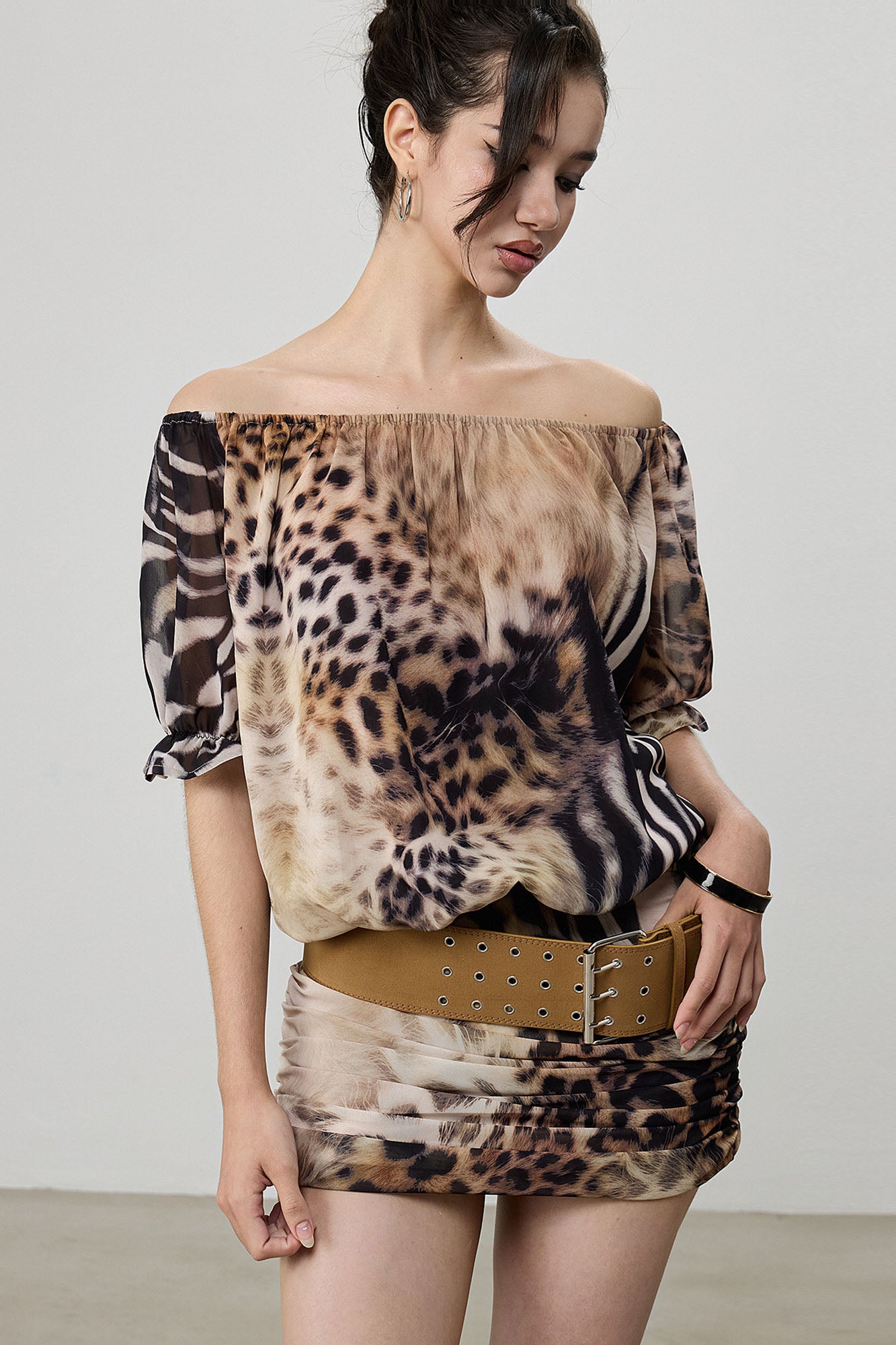 AE30 SAINT Off-Shoulder Animal Print Mini Dress