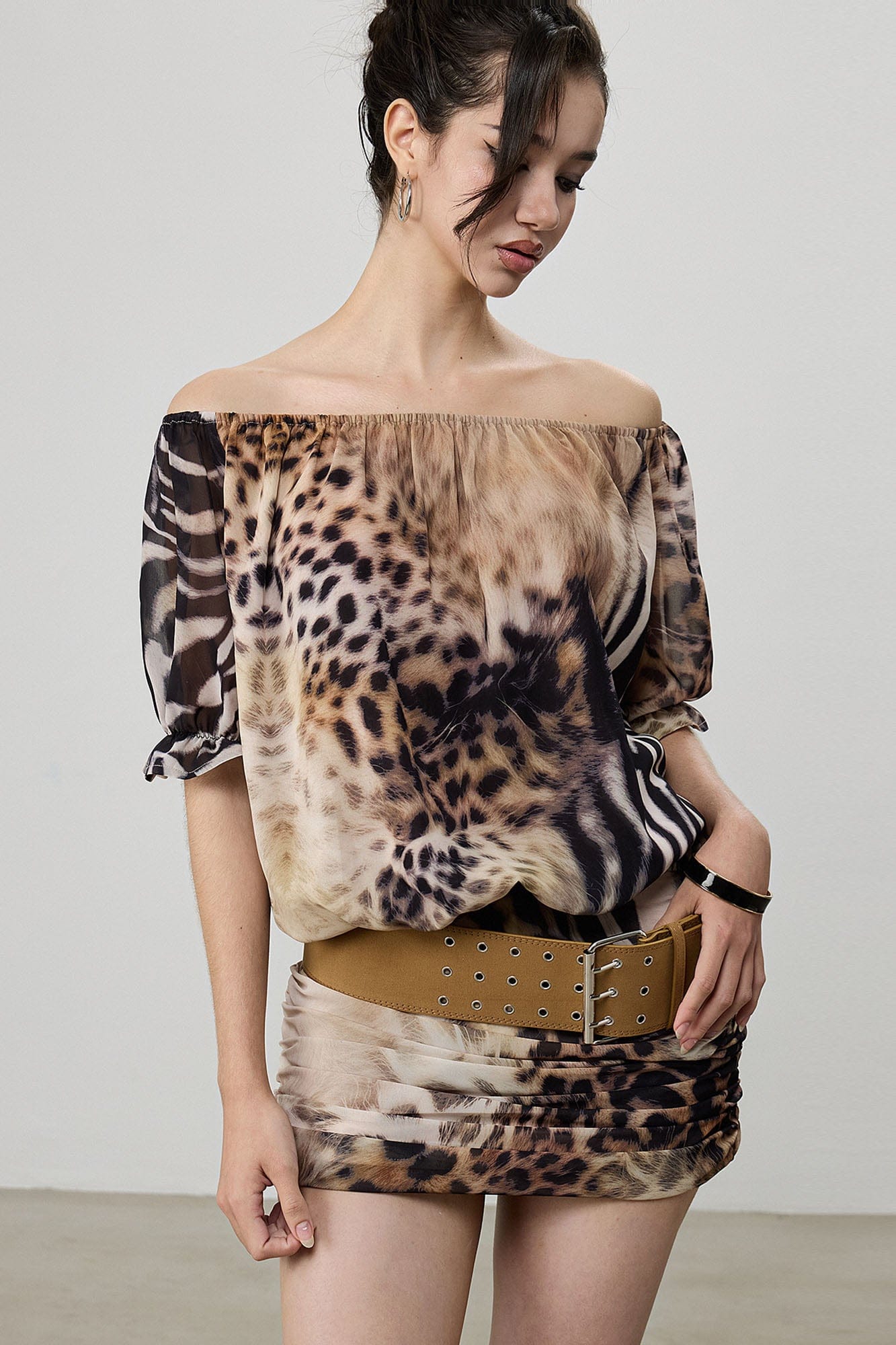 AE30 SAINT Off-Shoulder Animal Print Mini Dress