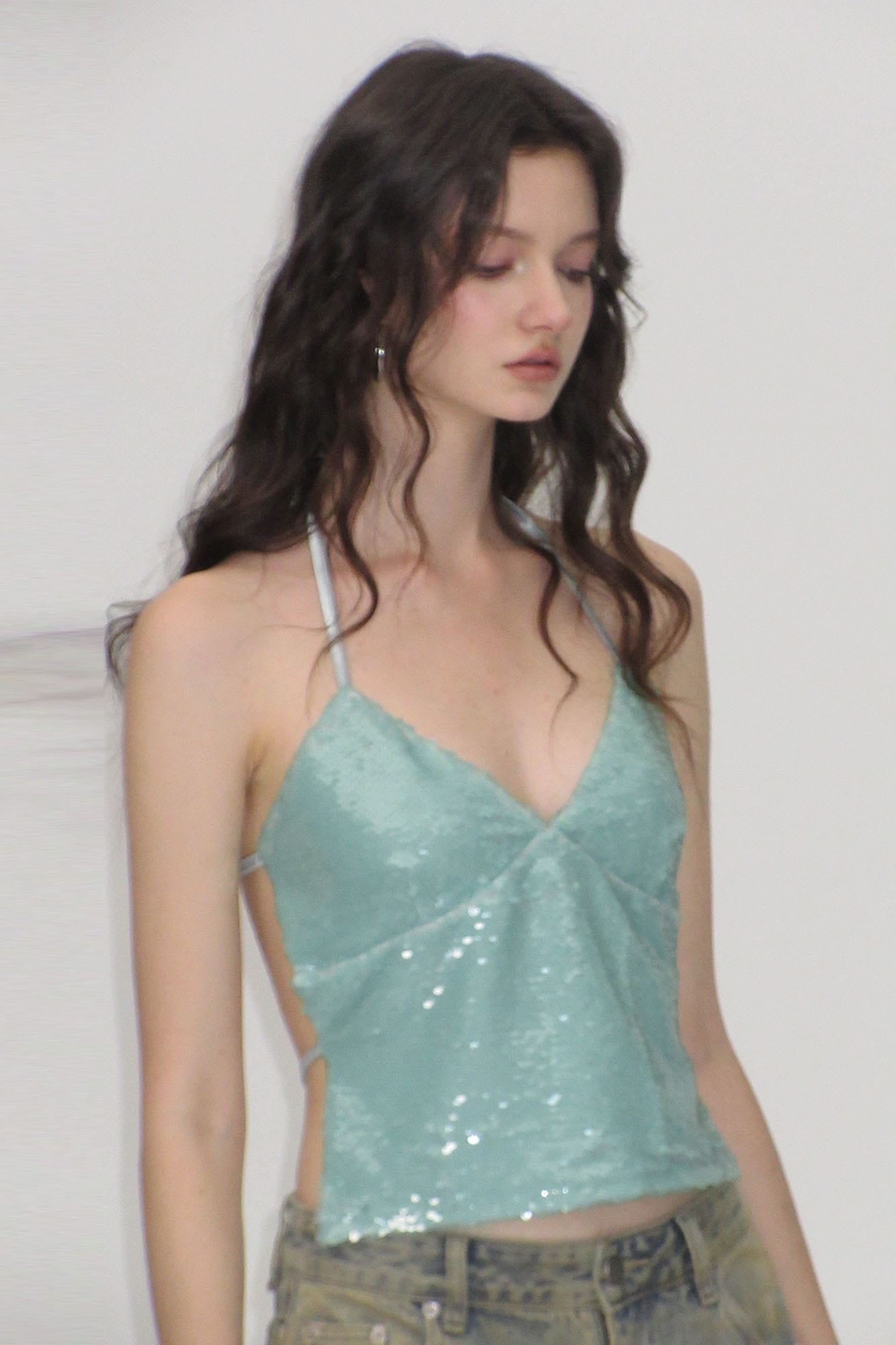 AE30 SAINT Sequin Back-Strap Halter Cami Top
