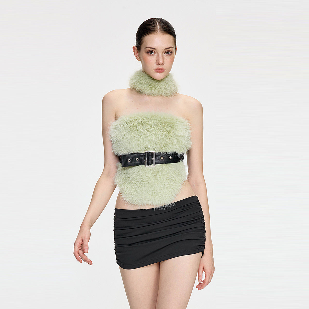 AE30 SAINT Faux Fur Spliced Belted Halter Top