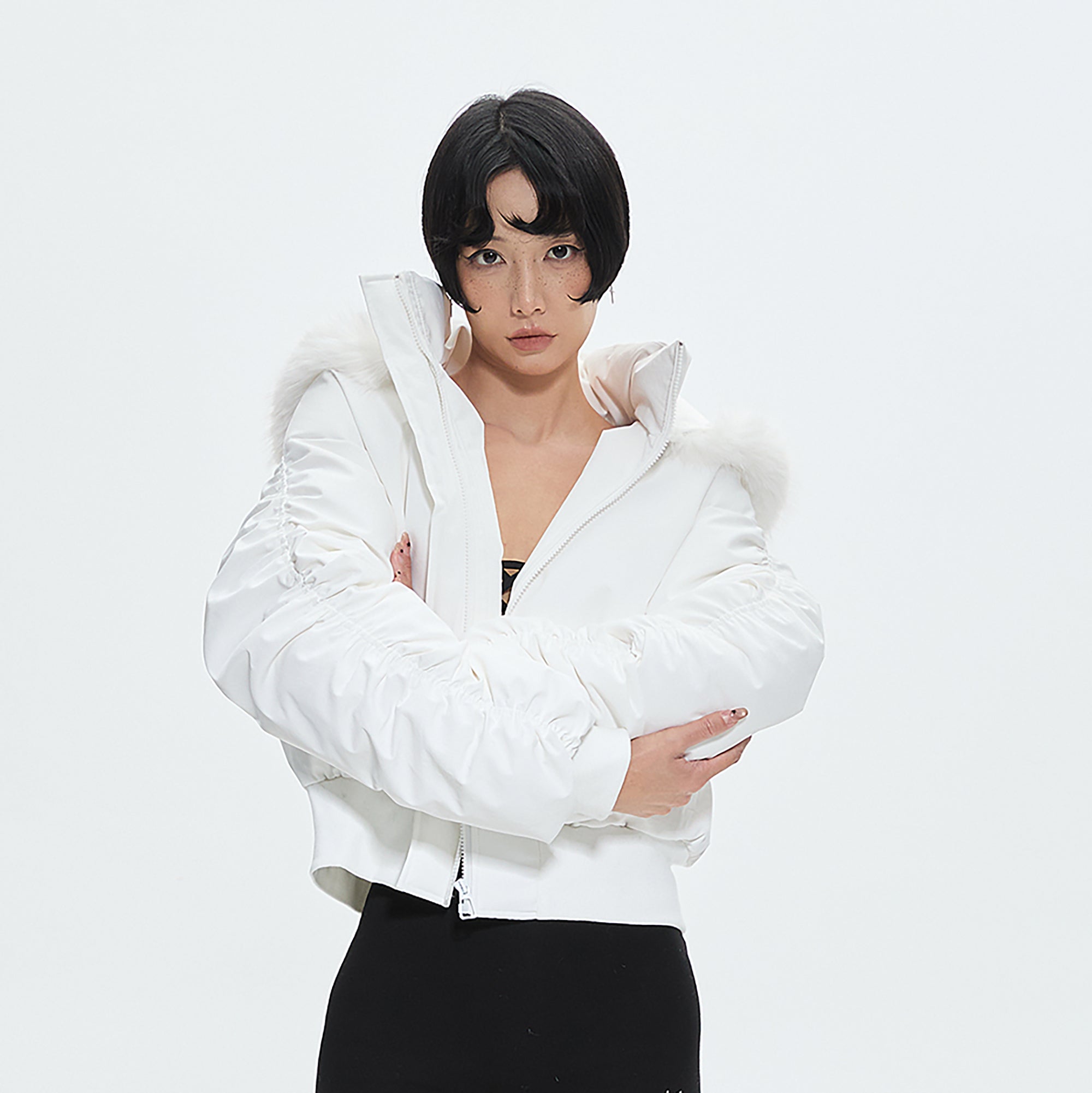 AE30 SAINT Detachable Trim Embroidery Ruched-Sleeve Down Jacket