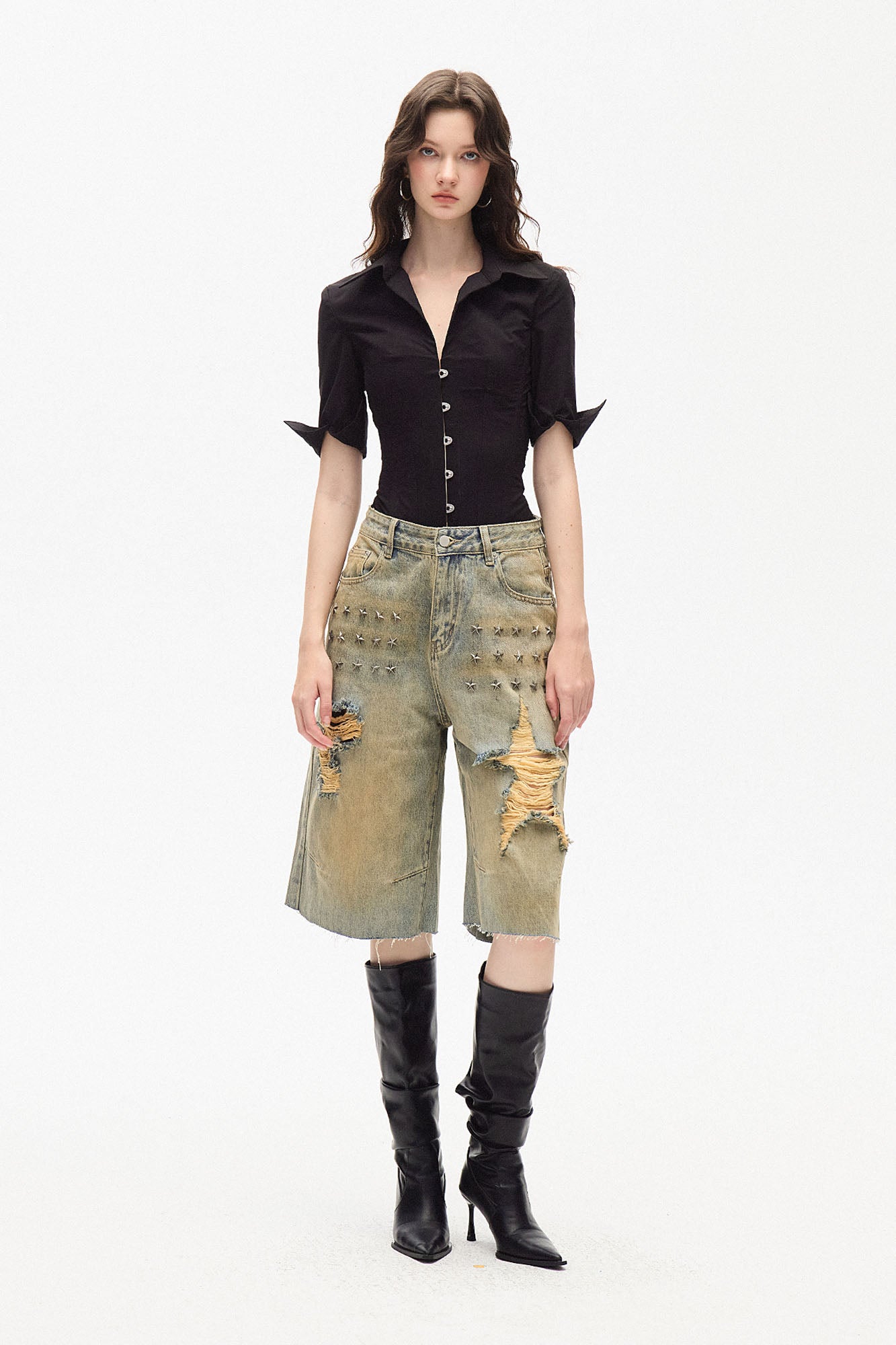 AE30 SAINT Hook-Front Lace-Up Back Corset Shirt