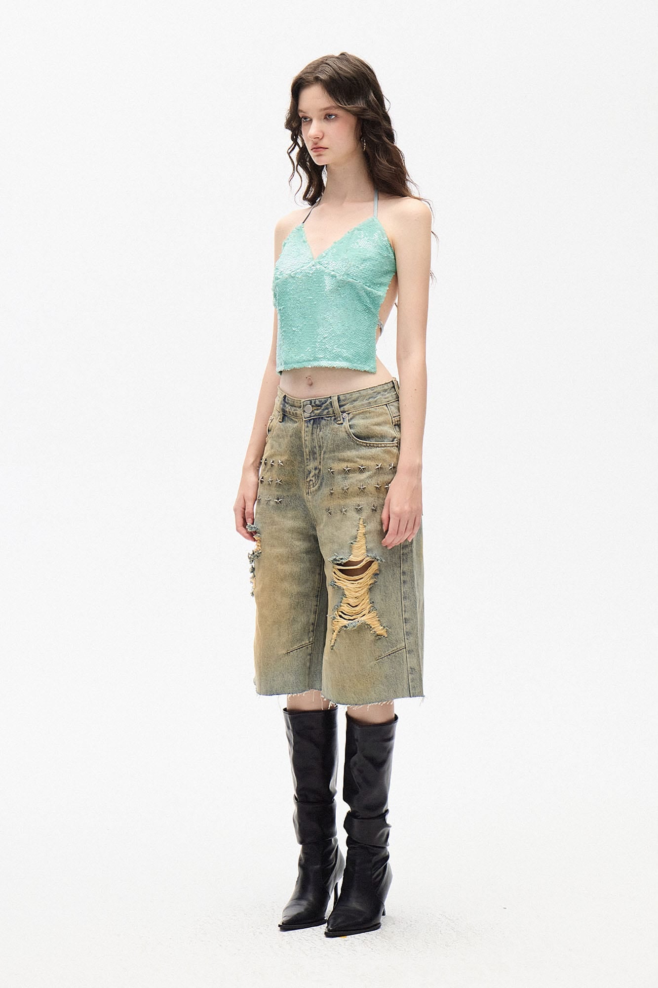 AE30 SAINT Sequin Back-Strap Halter Cami Top