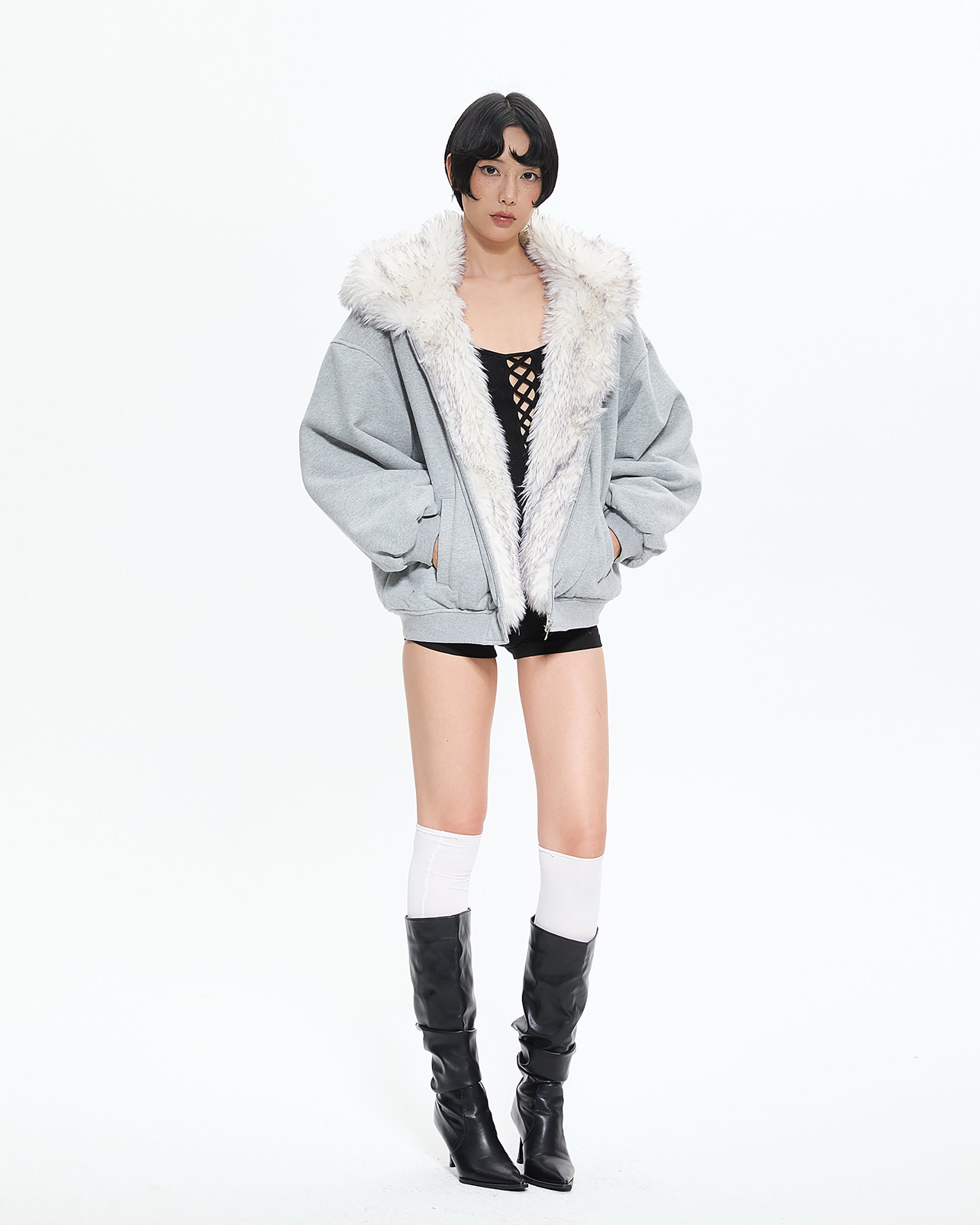 AE30 SAINT Faux Fur Trim Oversized Fleece Hoodie