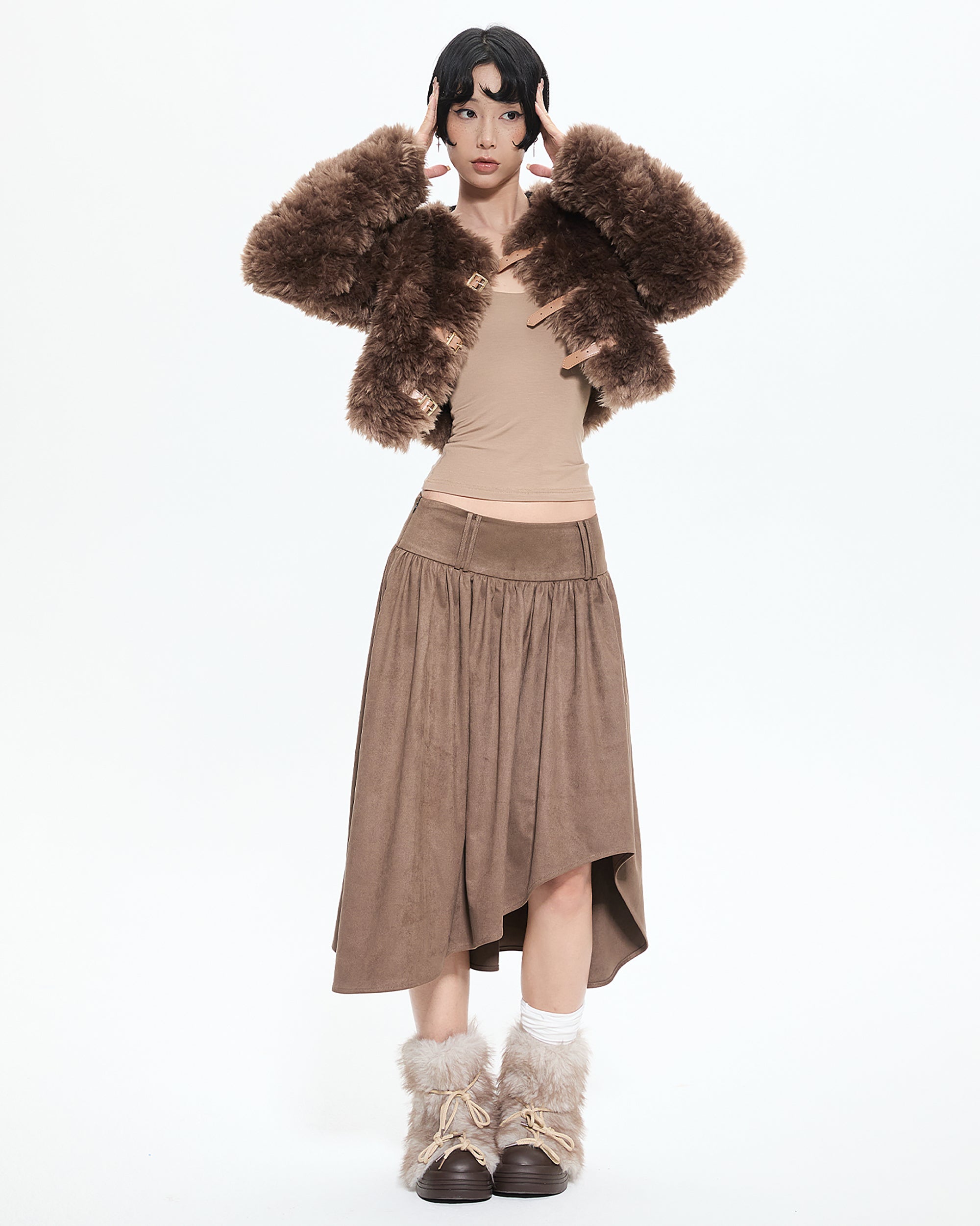 AE30 SAINT Asymmetrical Pleated Faux Suede Skirt