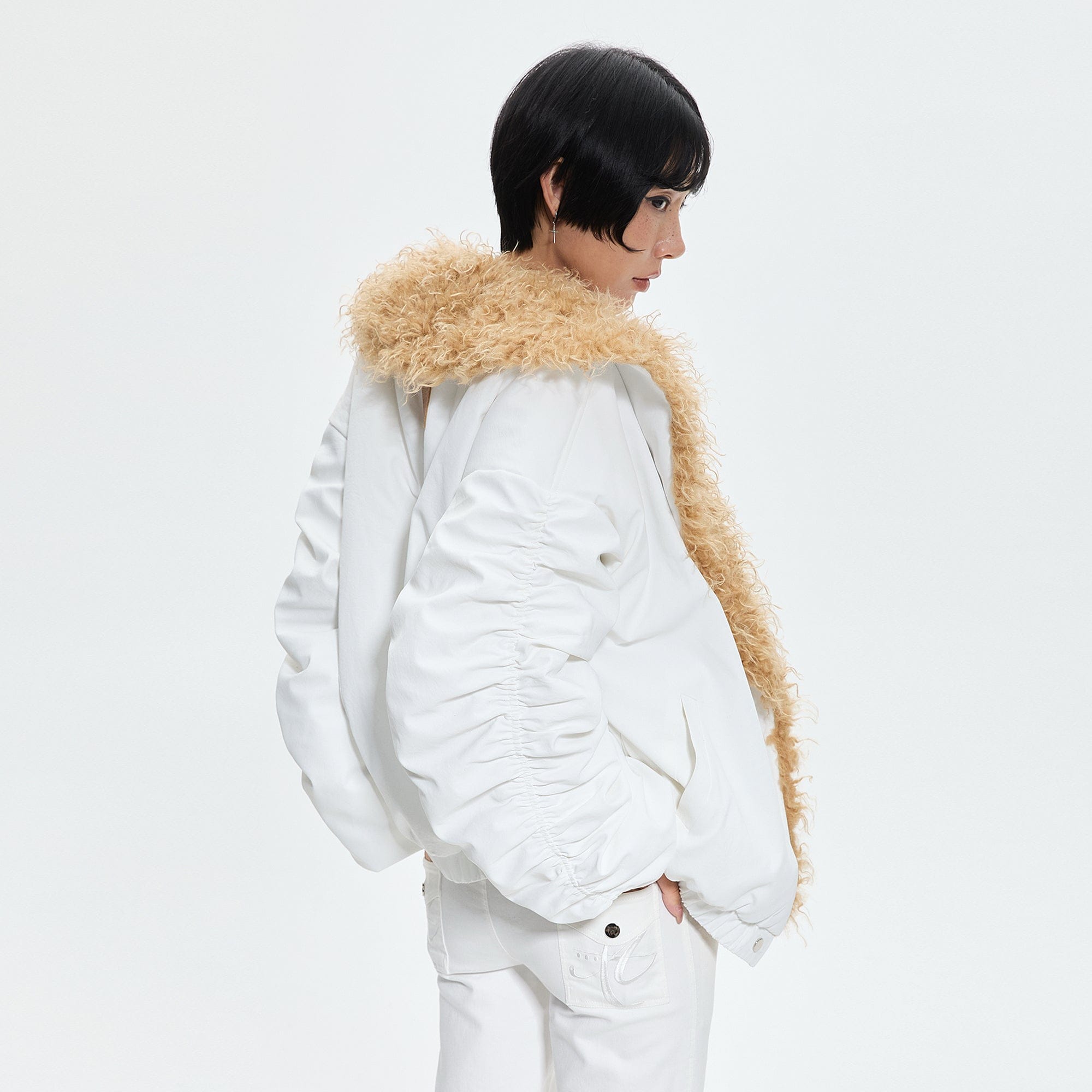 AE30 SAINT Faux Fur Trim Ruched Sleeve Parka