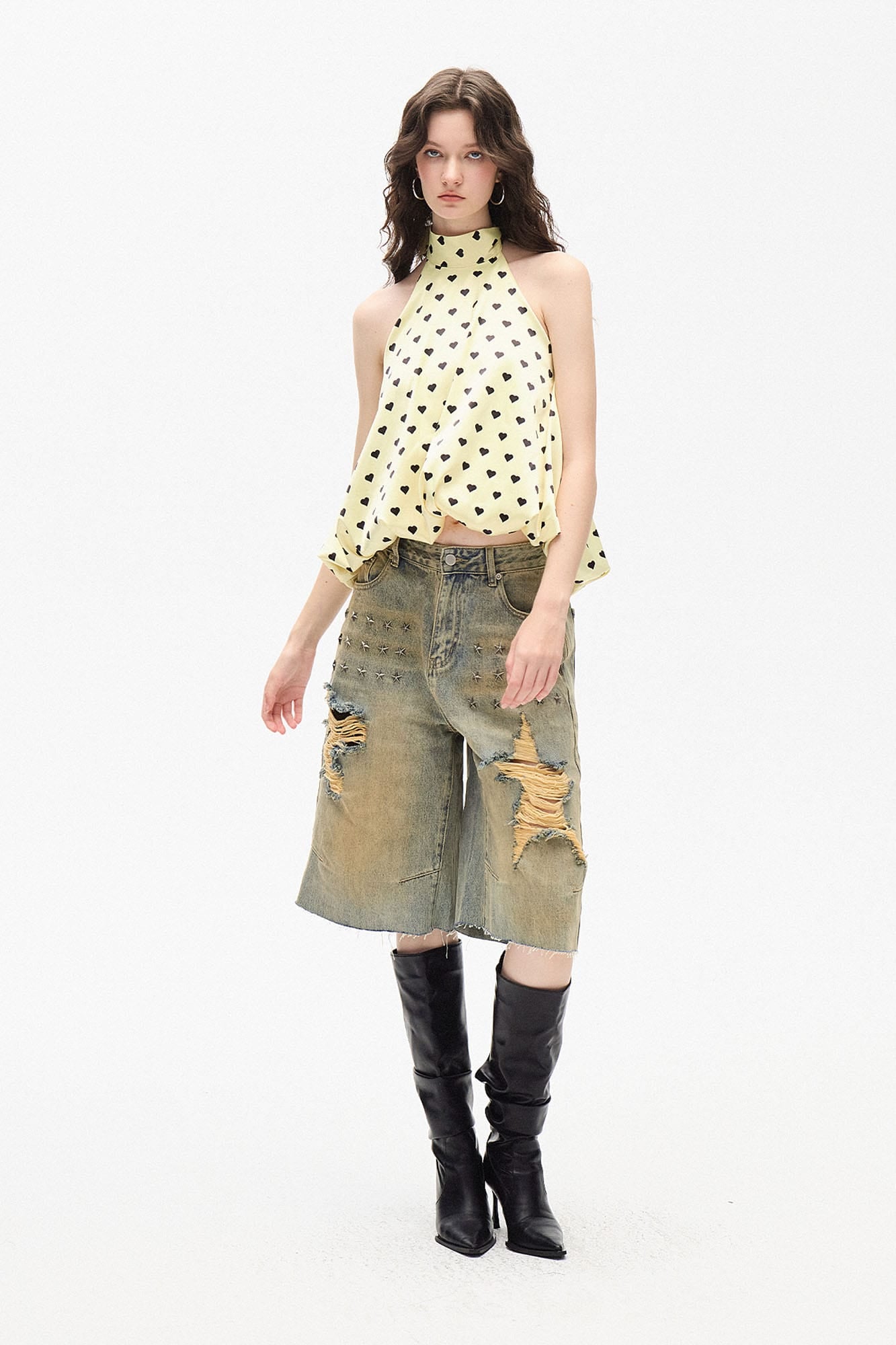 AE30 SAINT Heart Polka Dots Bubble-Hem Halter Top