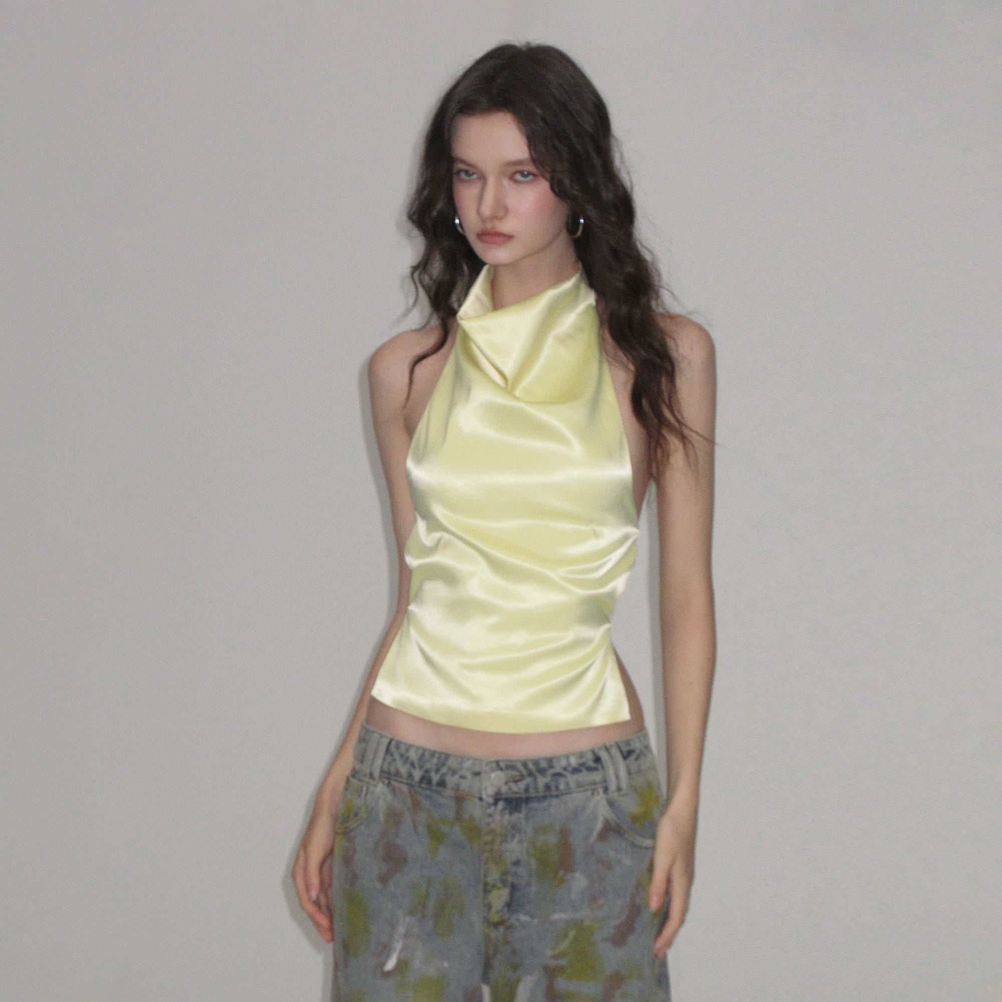 AE30 SAINT Satin Cowl-Neck Backless Halter Top