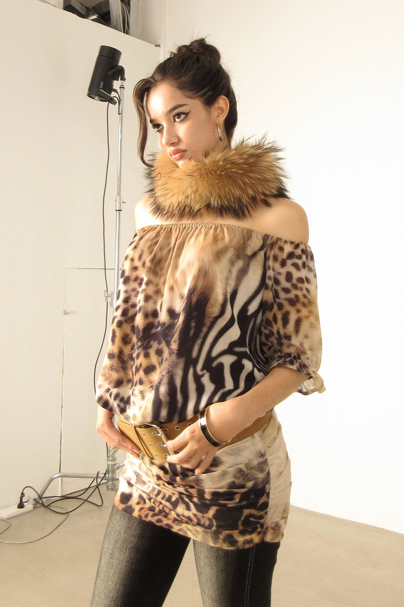 AE30 SAINT Off-Shoulder Animal Print Mini Dress