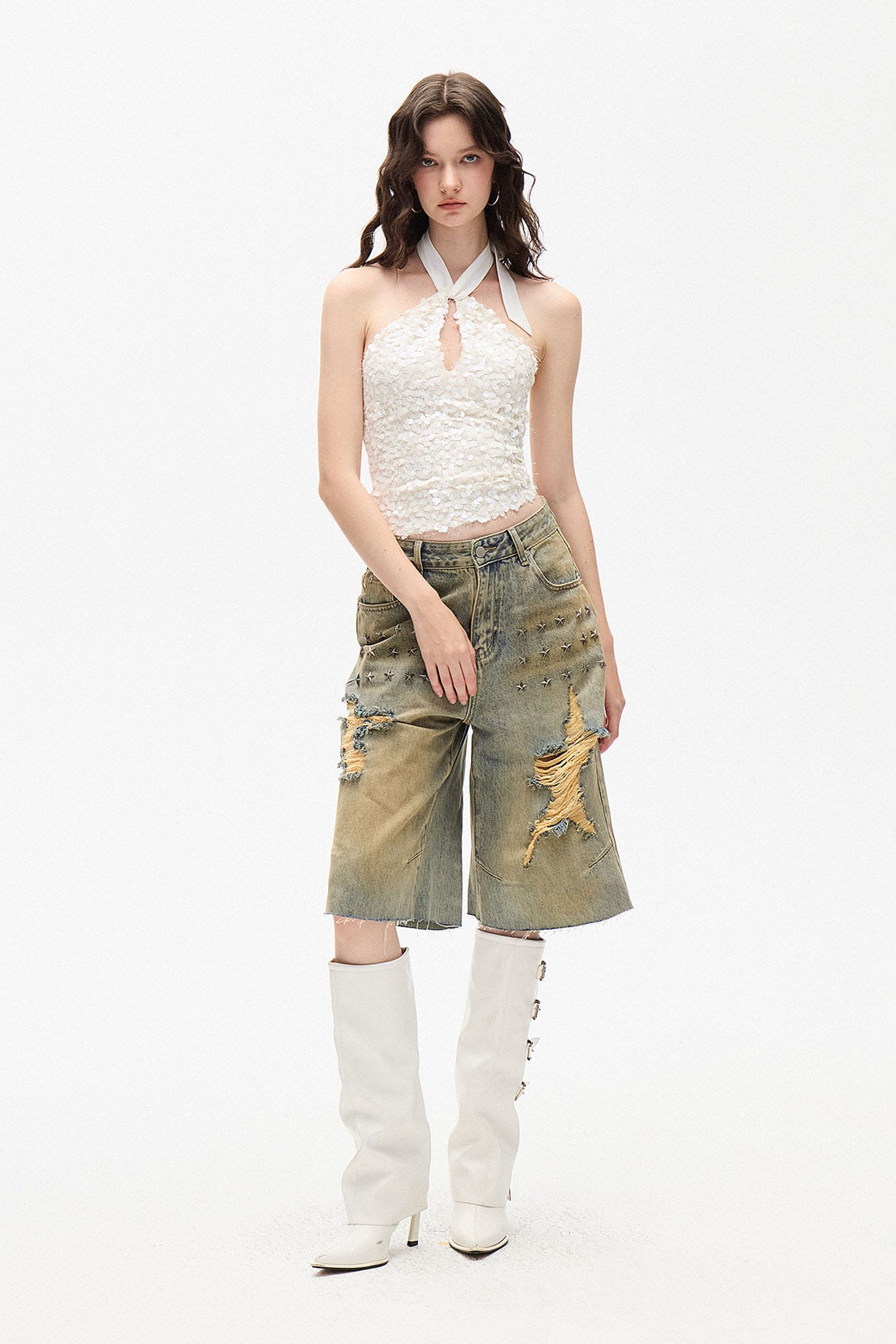 AE30 SAINT Sequin Keyhole Halter Top