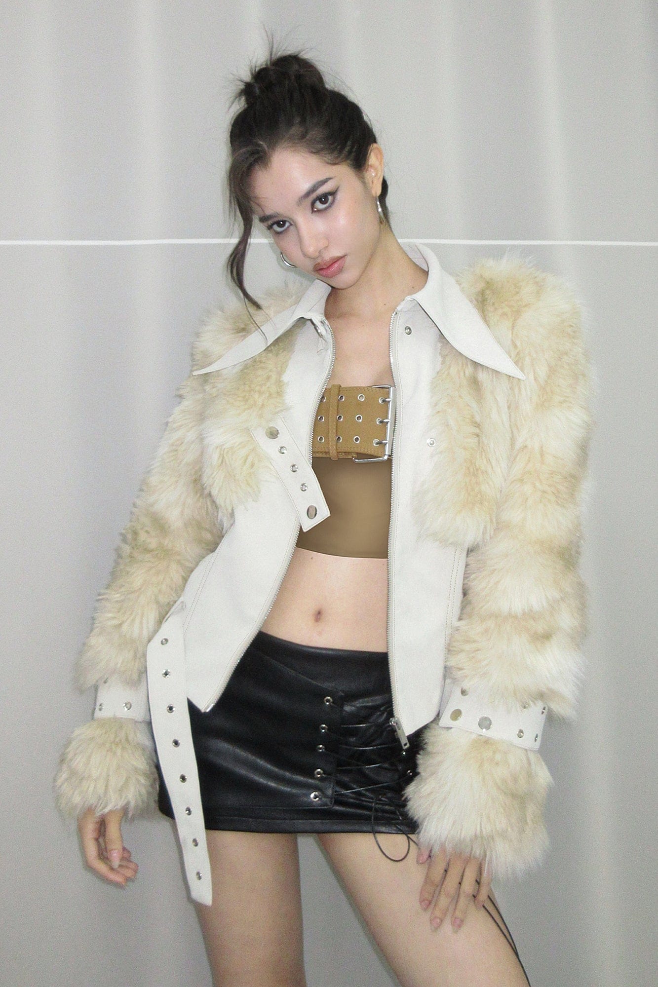 AE30 SAINT Faux Fur Trim PU Moto Jacket