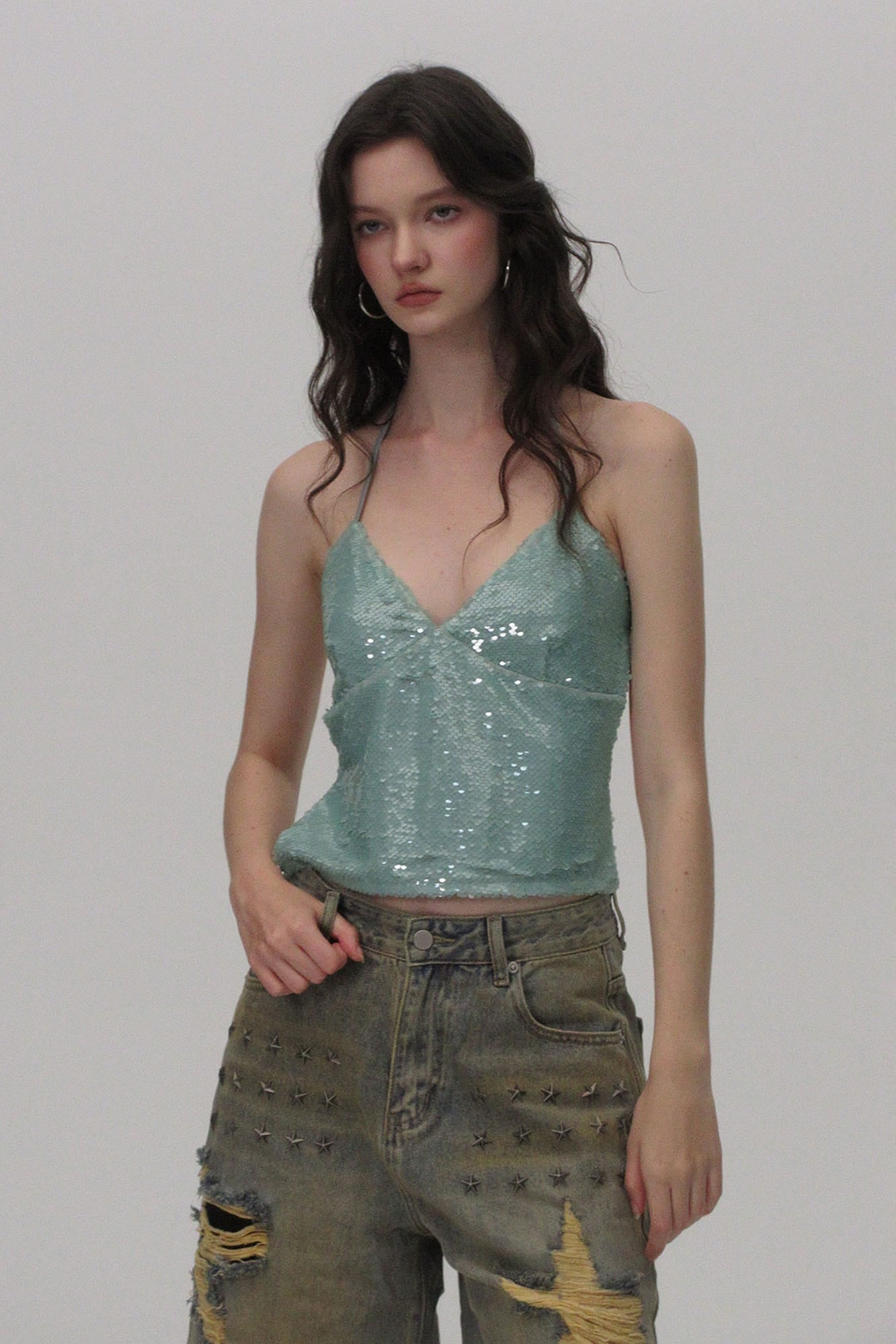 AE30 SAINT Sequin Back-Strap Halter Cami Top