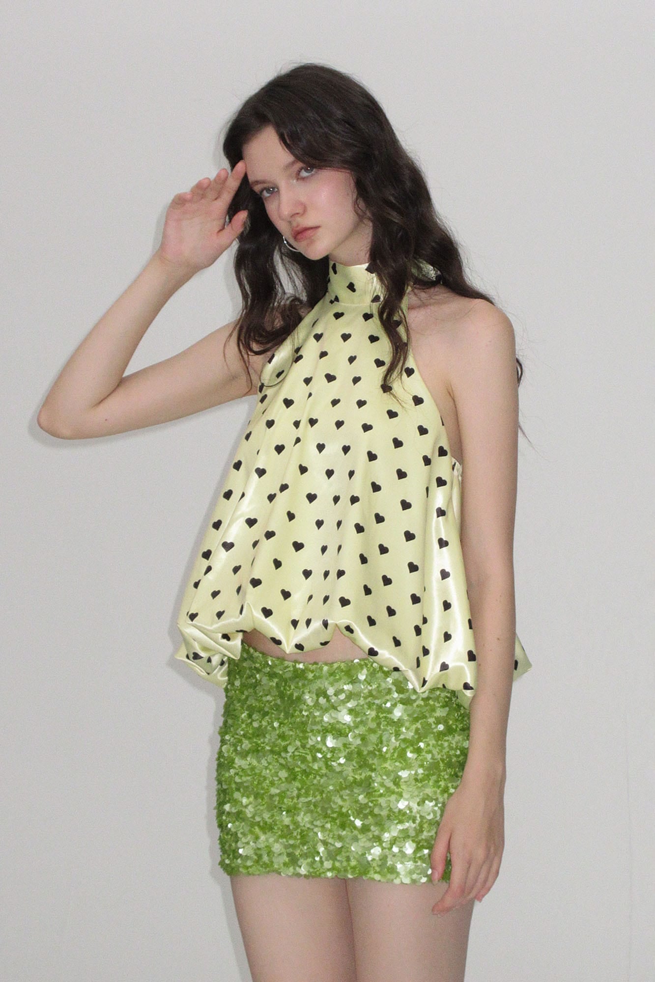 AE30 SAINT Heart Polka Dots Bubble-Hem Halter Top