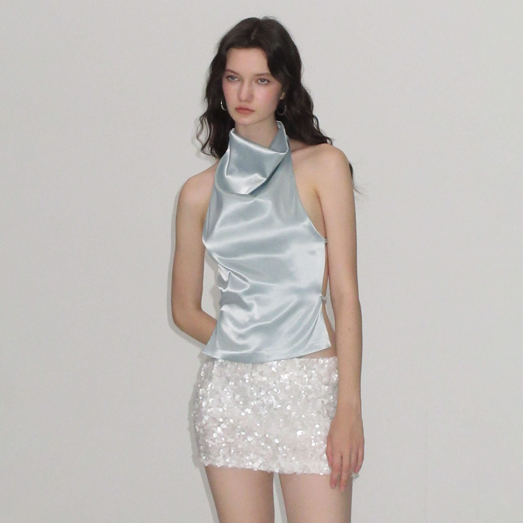 AE30 SAINT Satin Cowl-Neck Backless Halter Top
