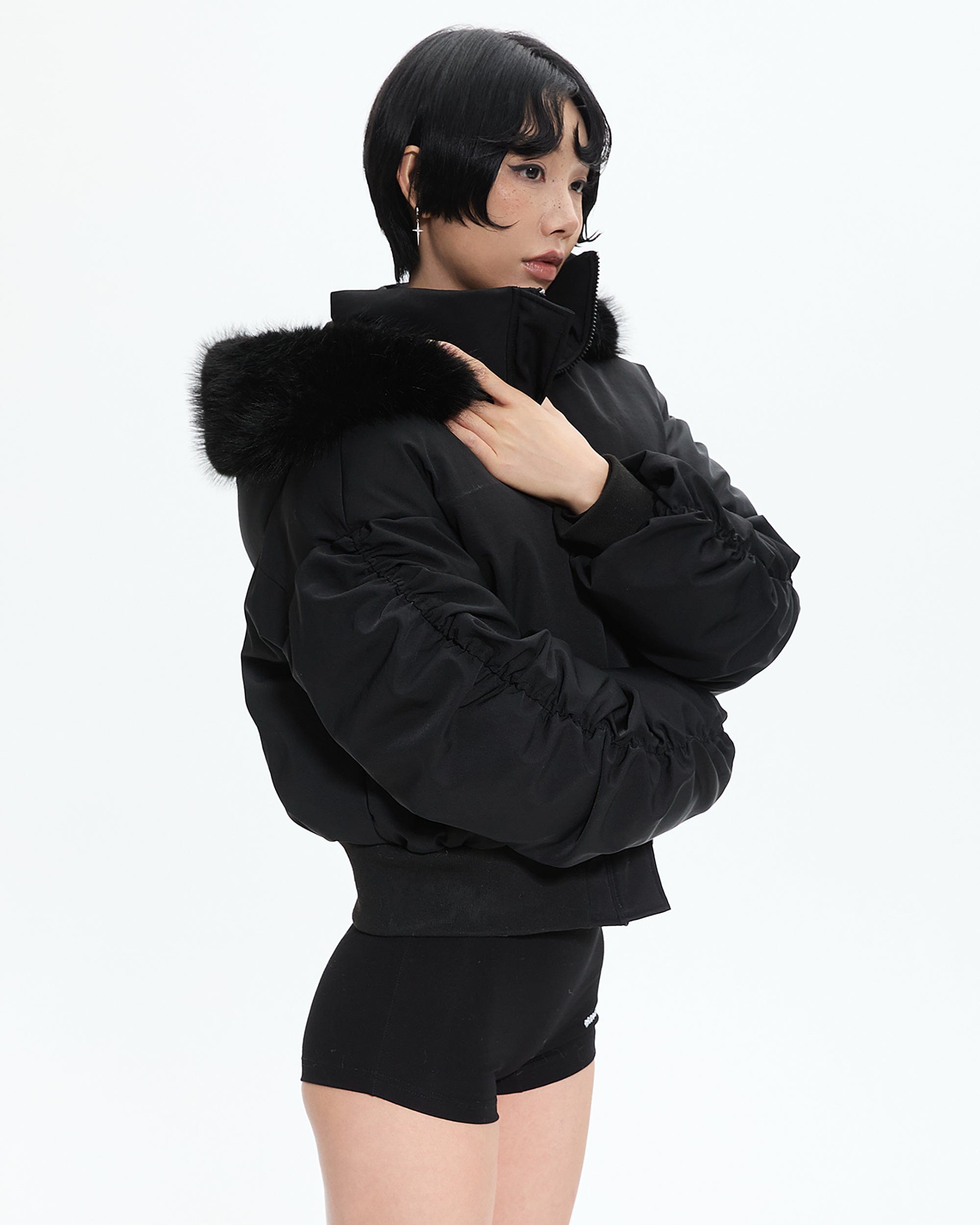 AE30 SAINT Detachable Trim Embroidery Ruched-Sleeve Down Jacket