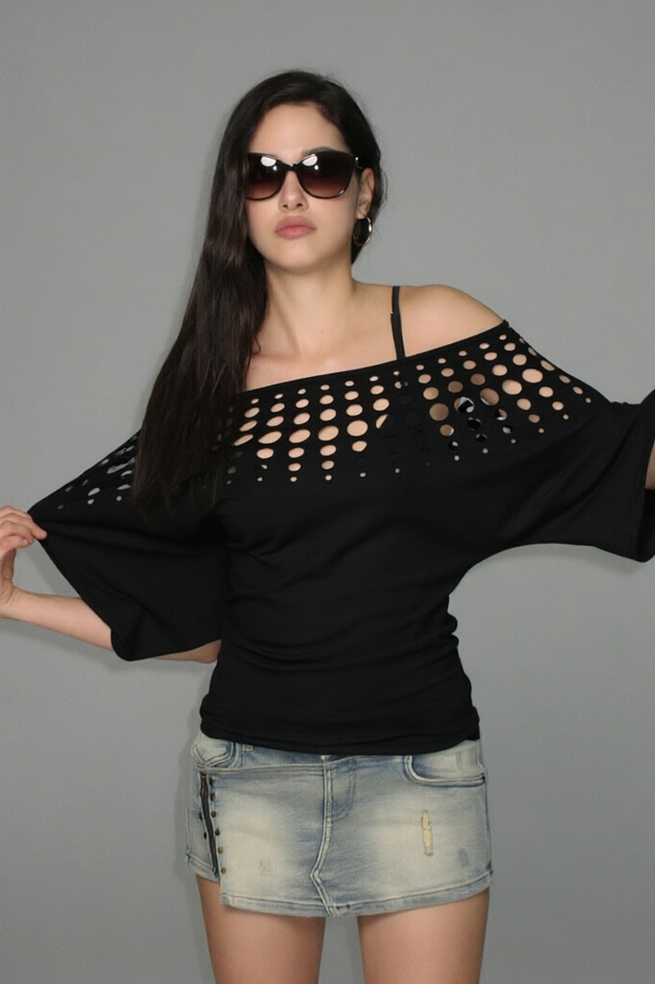 AE30 SAINT Off-Shoulder Cut-Out Dolman T-Shirt