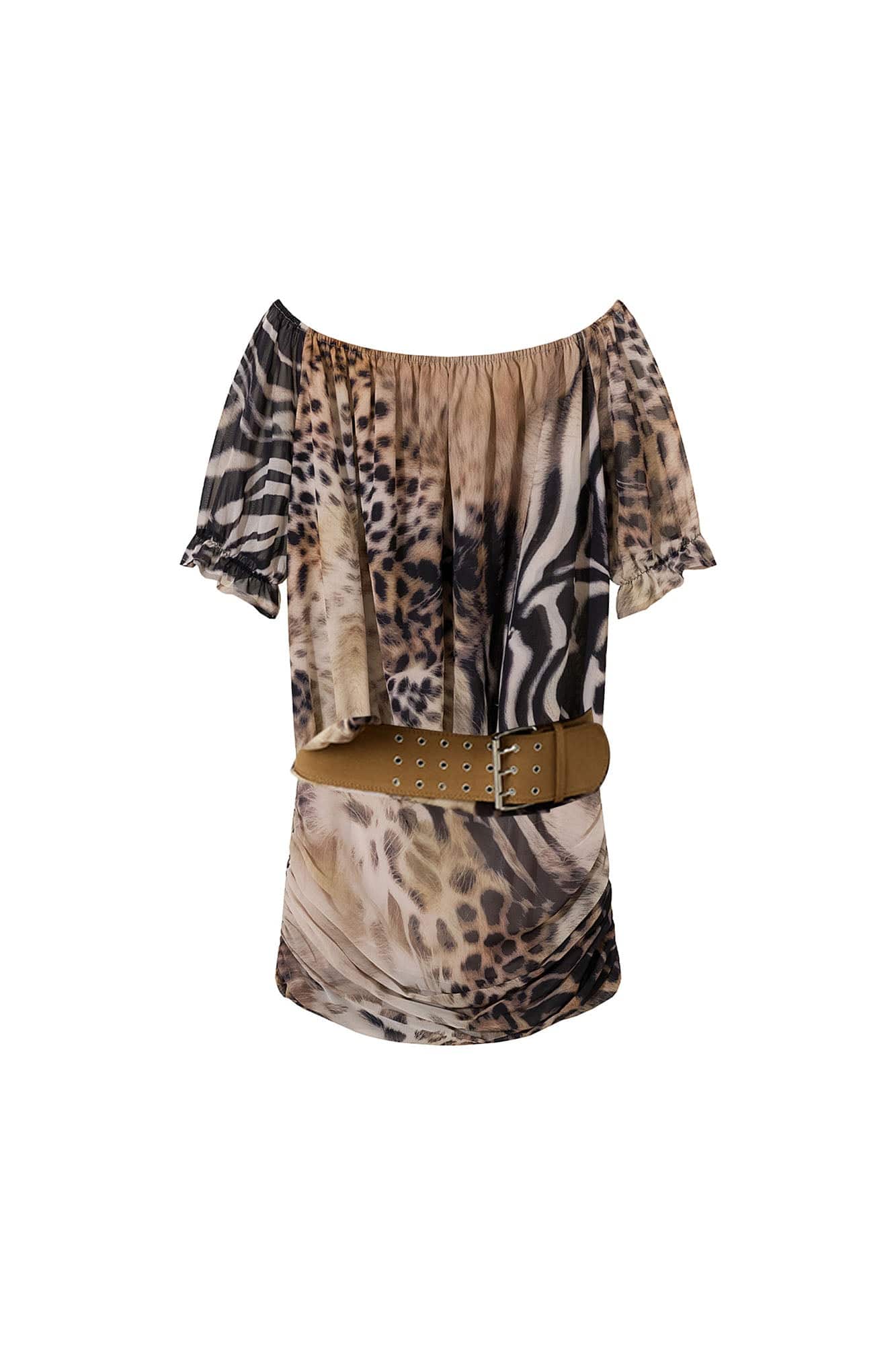 AE30 SAINT Off-Shoulder Animal Print Mini Dress