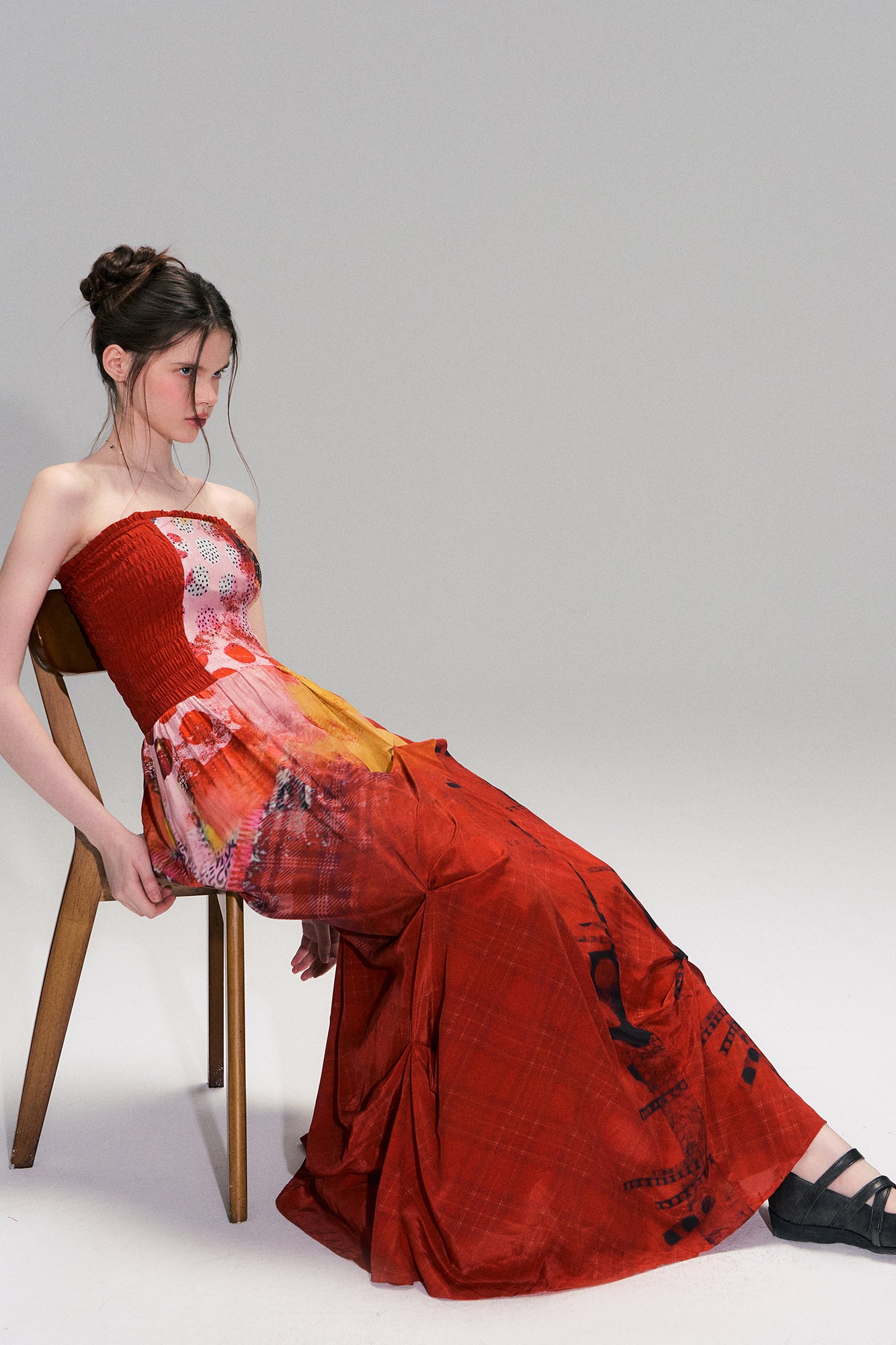 THE NEVERMORE Asymmetric Shirred Spliced Maxi Dress