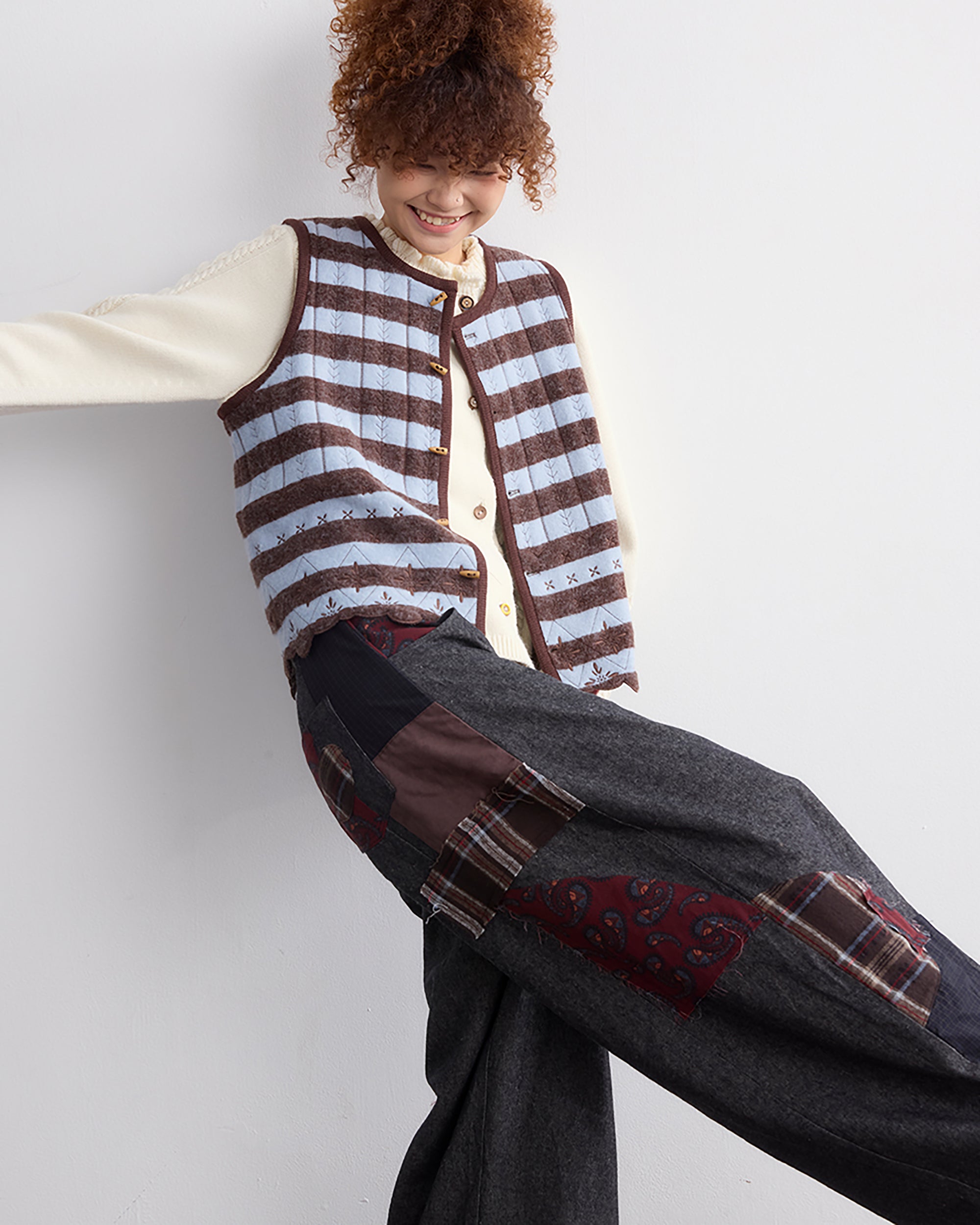 NOESE Plaid Patchwork Pleated Oversized Pants