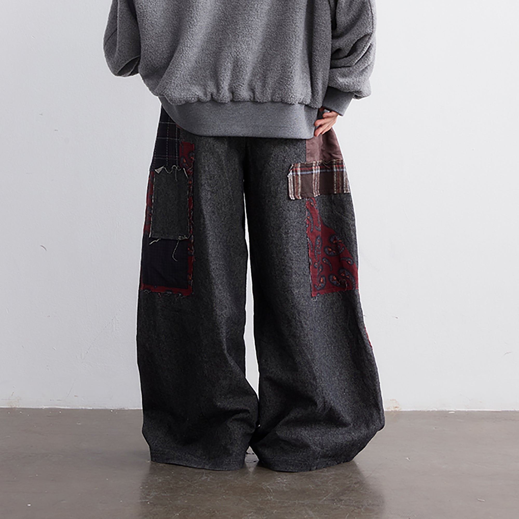 NOESE Plaid Patchwork Pleated Oversized Pants