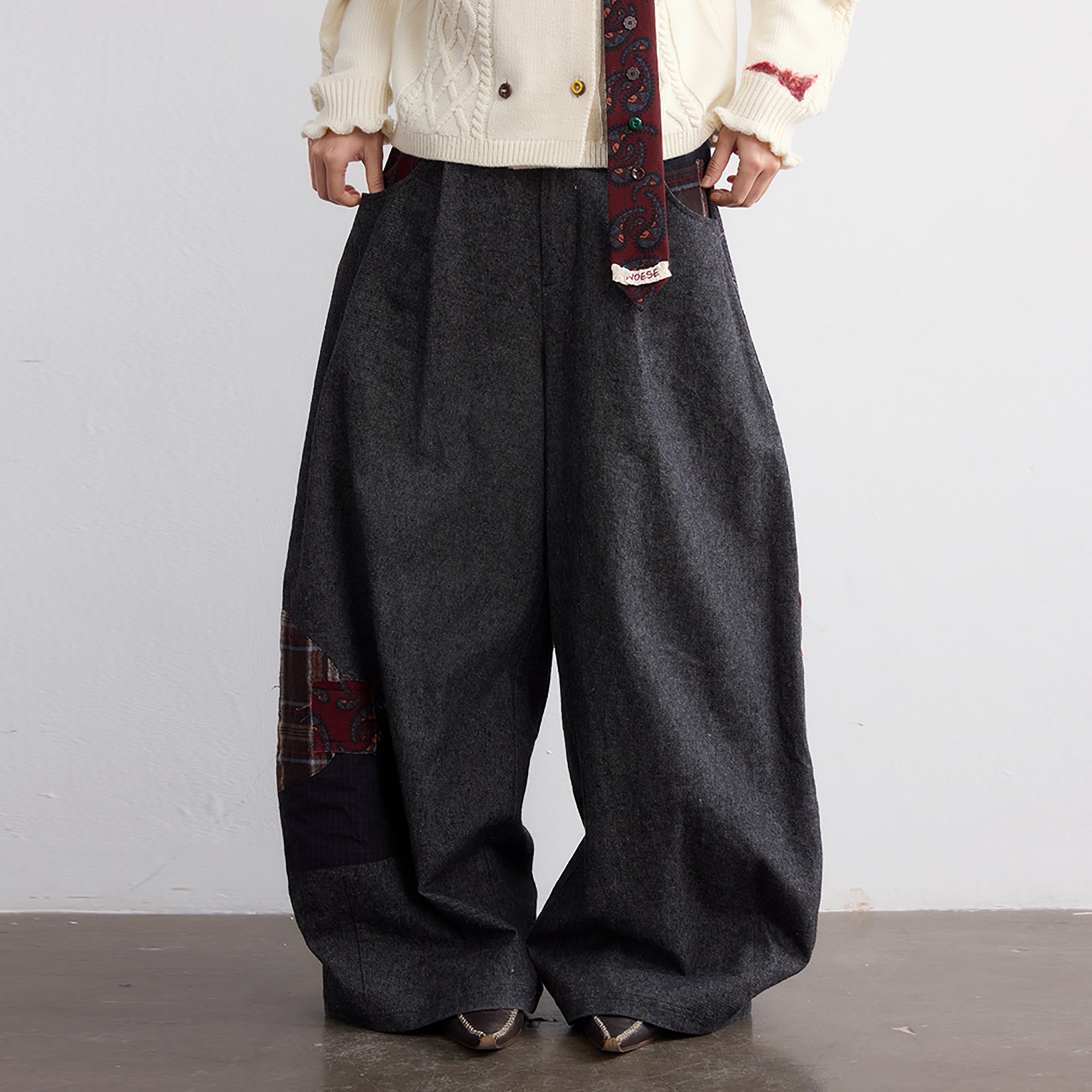 NOESE Plaid Patchwork Pleated Oversized Pants