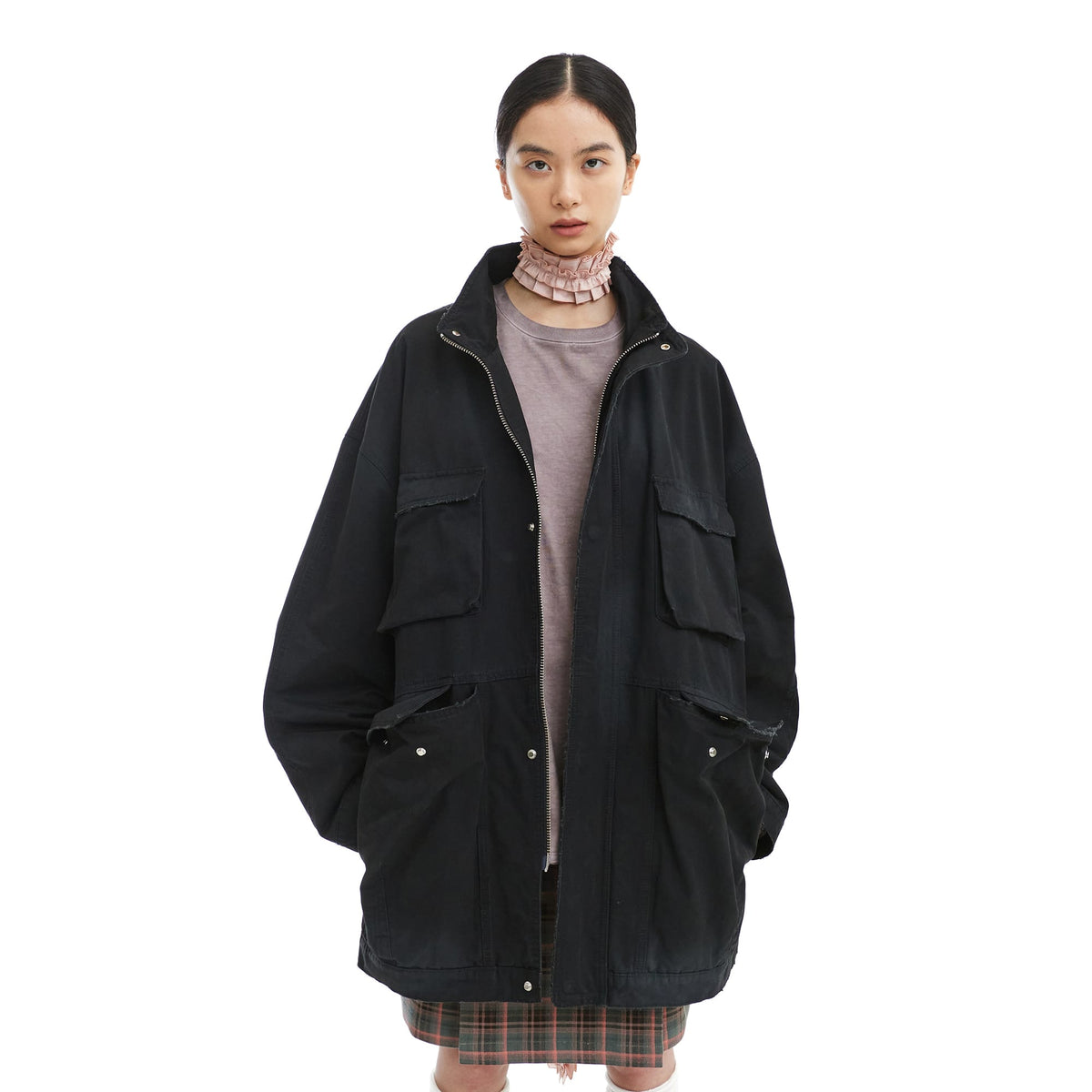 NEVERSEEZ Frayed Multi-Pocket Utility Jacket