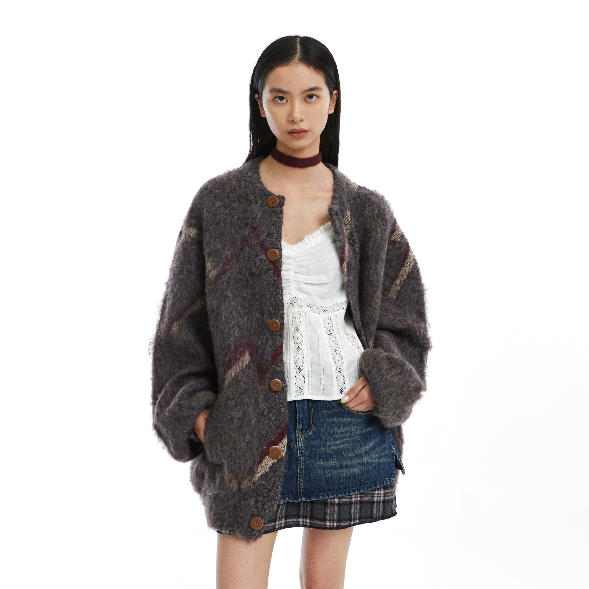 NEVERSEEZ Brushed Zigzag Button Cardigan