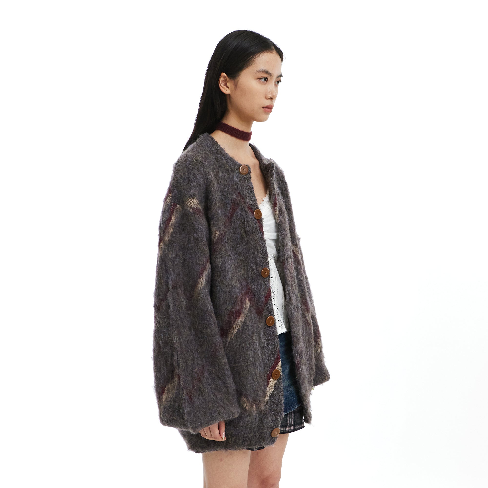 NEVERSEEZ Brushed Zigzag Button Cardigan