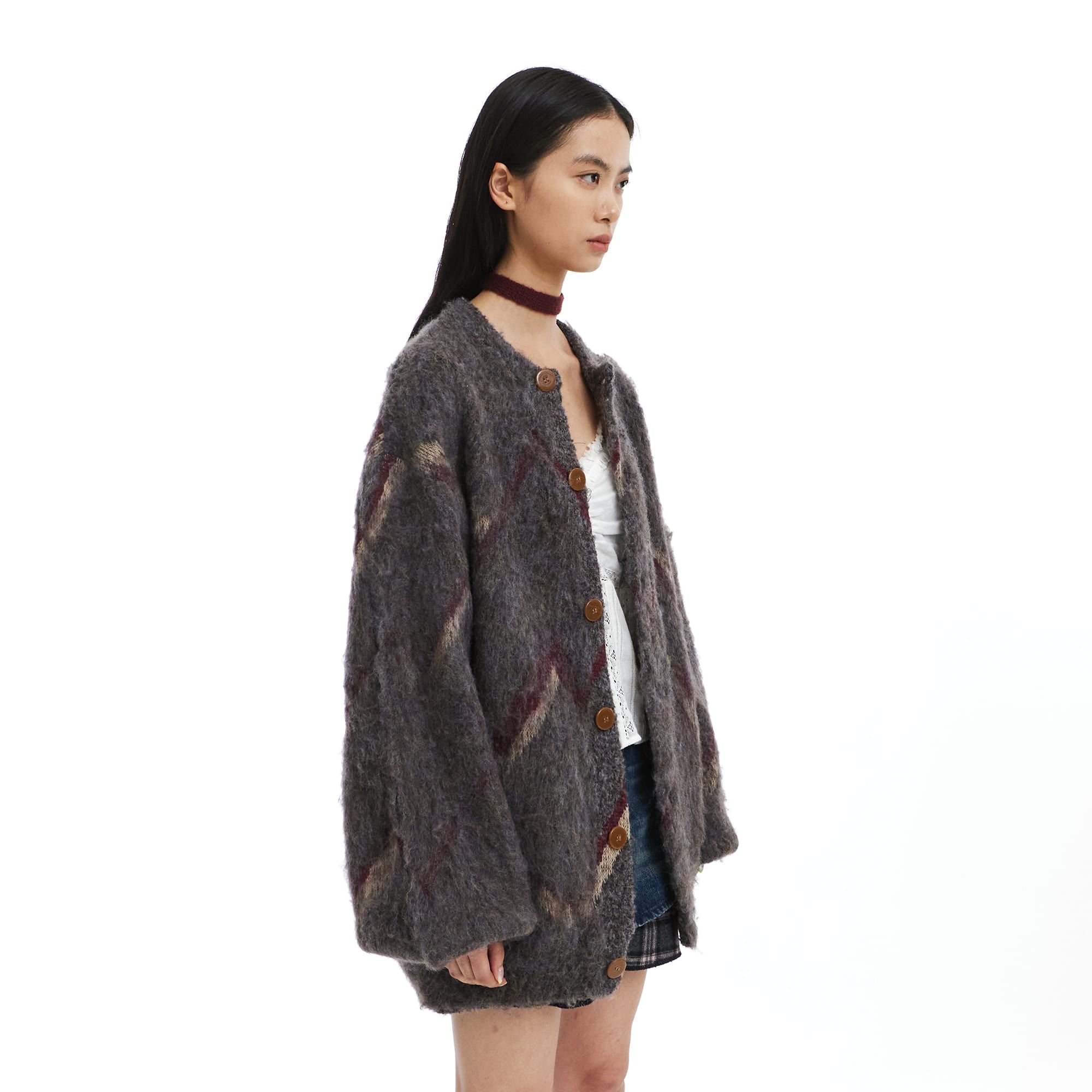 NEVERSEEZ Brushed Zigzag Button Cardigan