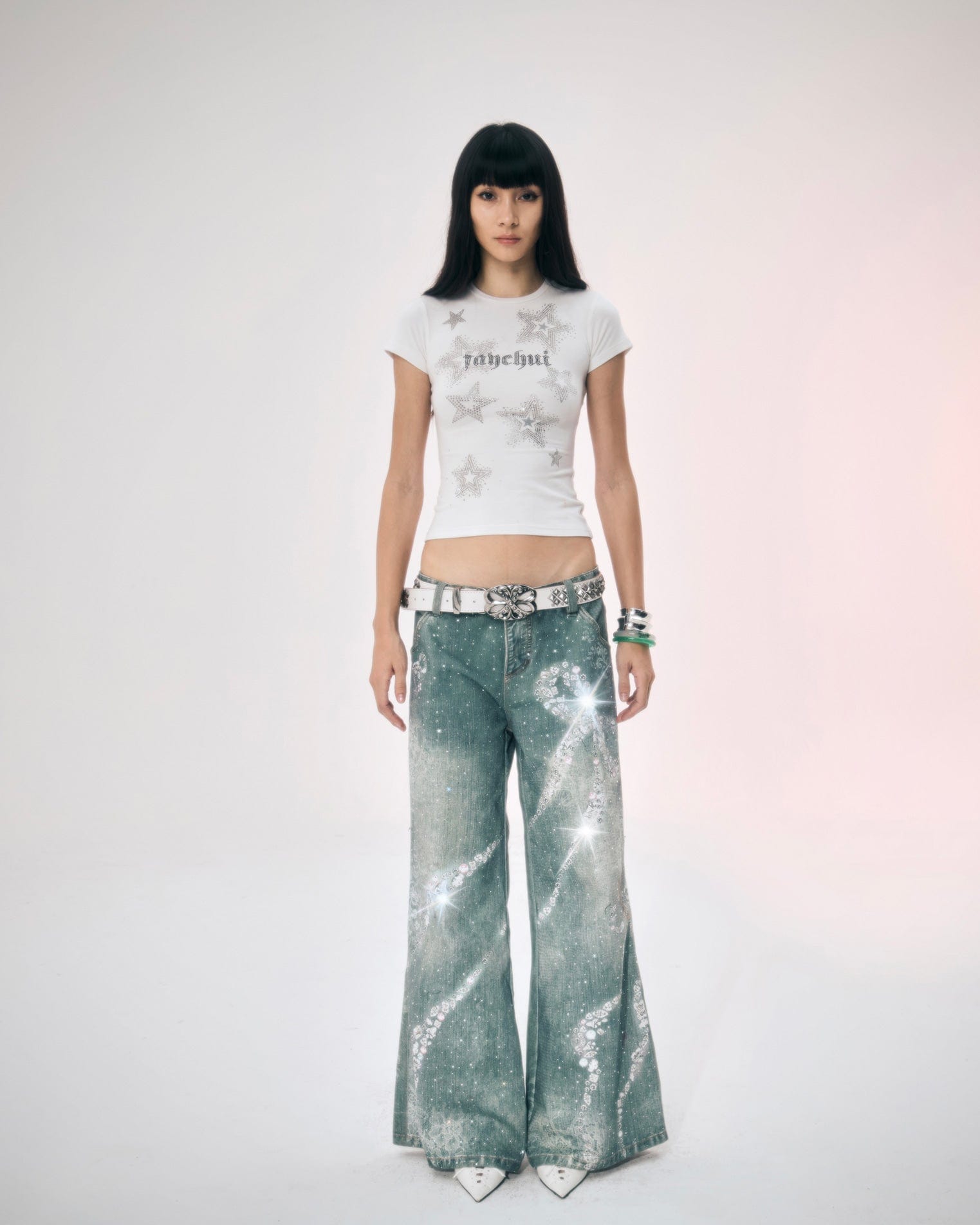 FAYCHUI Washed Crystal Bow Wide-Leg Jeans