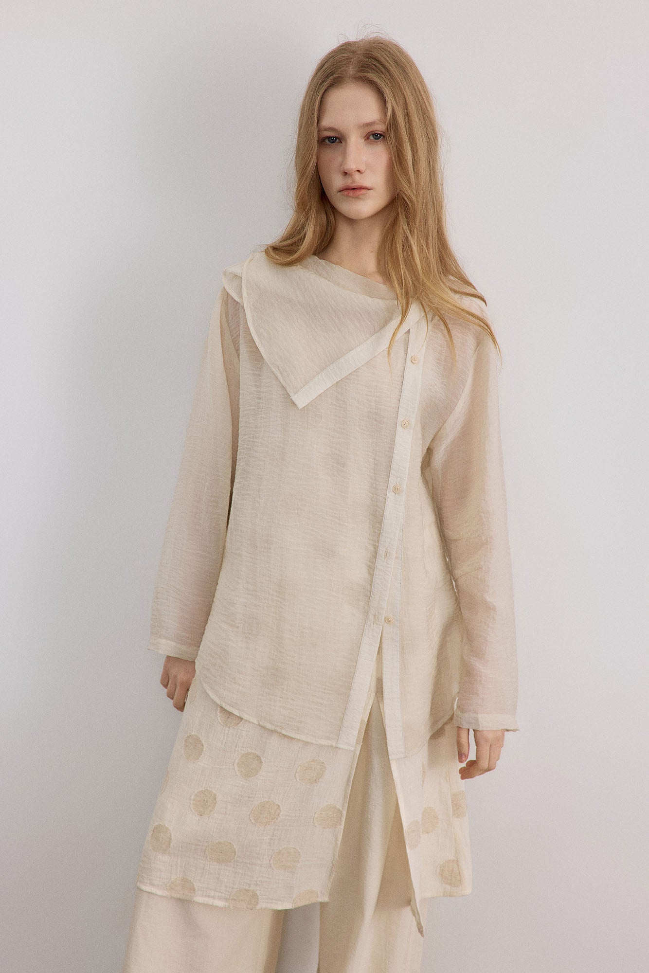 SAME FLOW Draped Collar Asymmetrical-Button Shirt