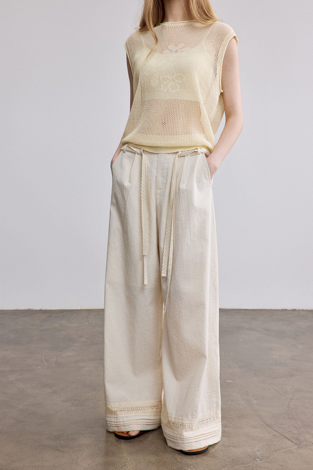 SAME FLOW Lace-Trim Wide-Leg Pants