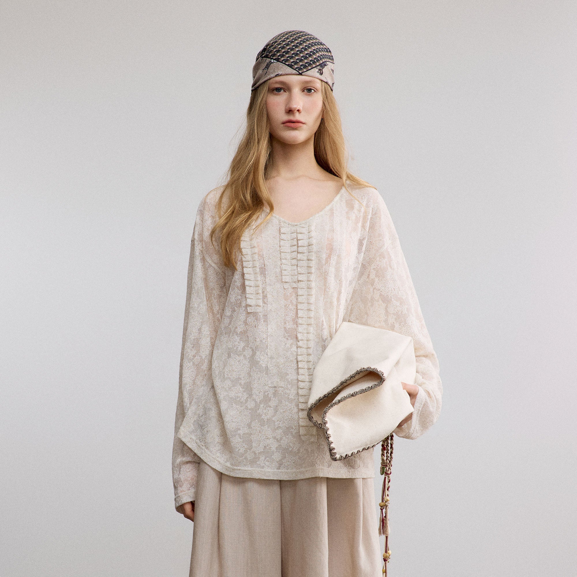 SAME FLOW Sheer Floral Pintuck Long-Sleeve Tee