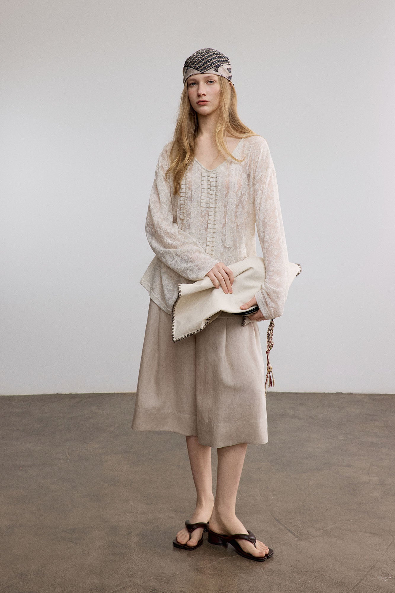 SAME FLOW Sheer Floral Pintuck Long-Sleeve Tee