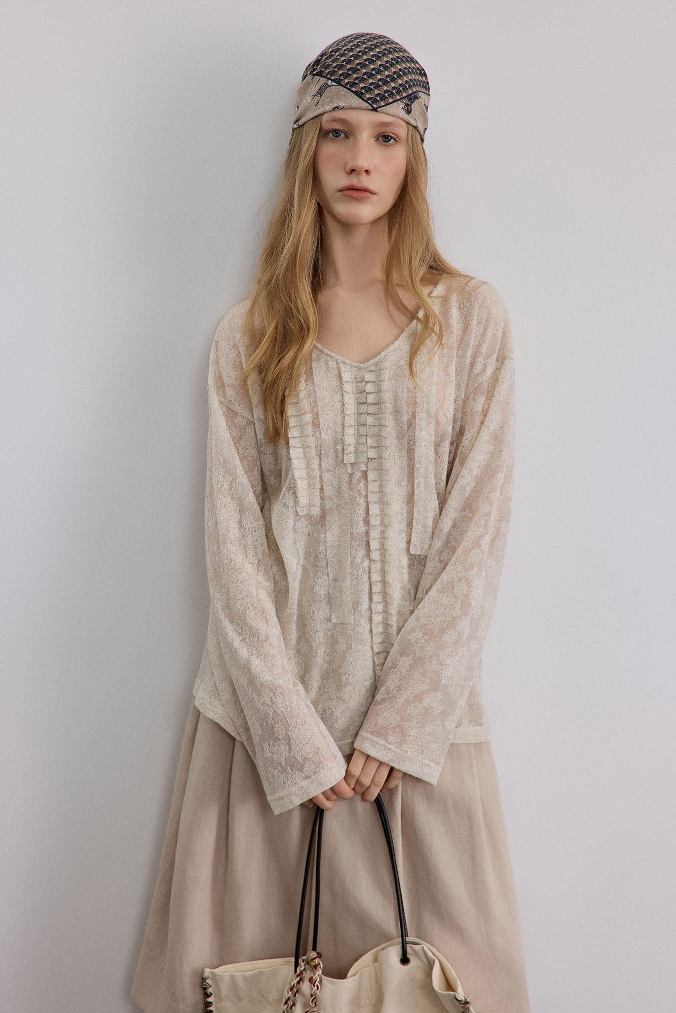 SAME FLOW Sheer Floral Pintuck Long-Sleeve Tee