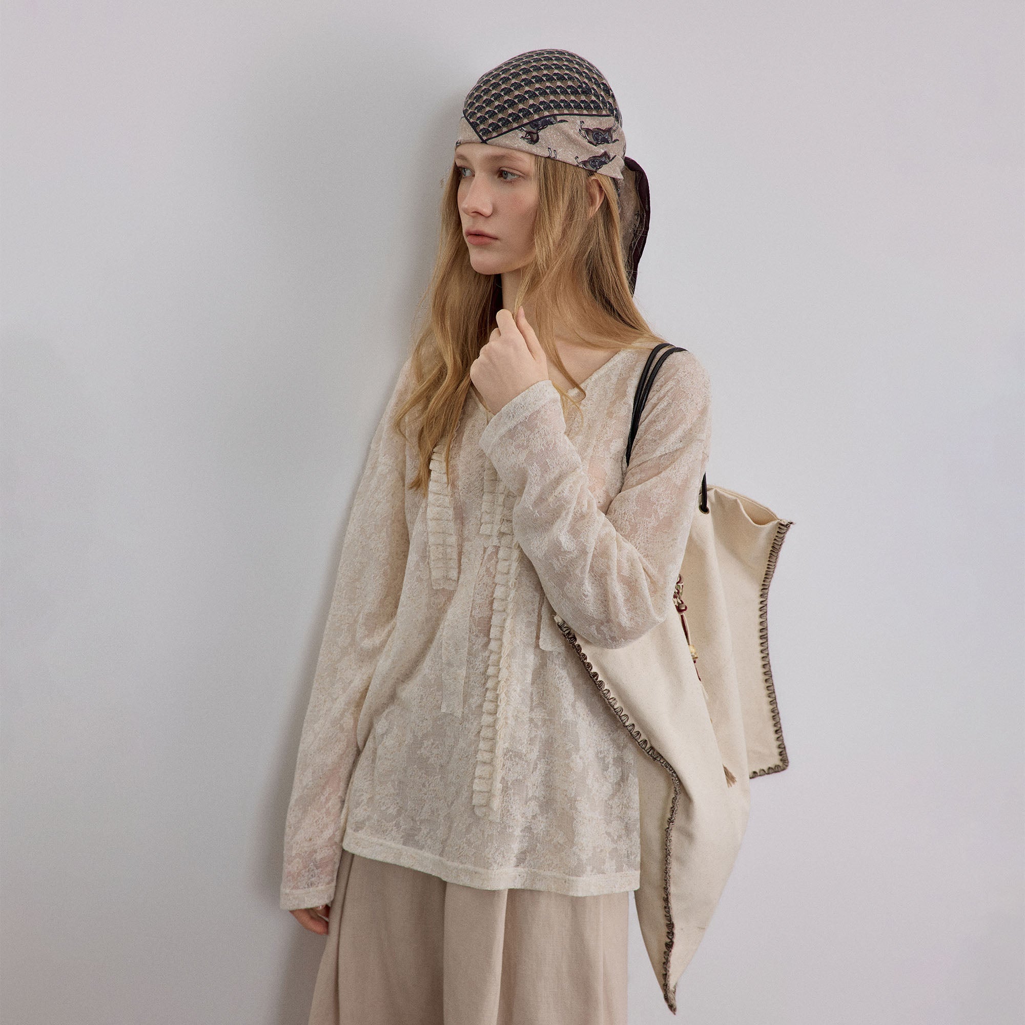 SAME FLOW Sheer Floral Pintuck Long-Sleeve Tee