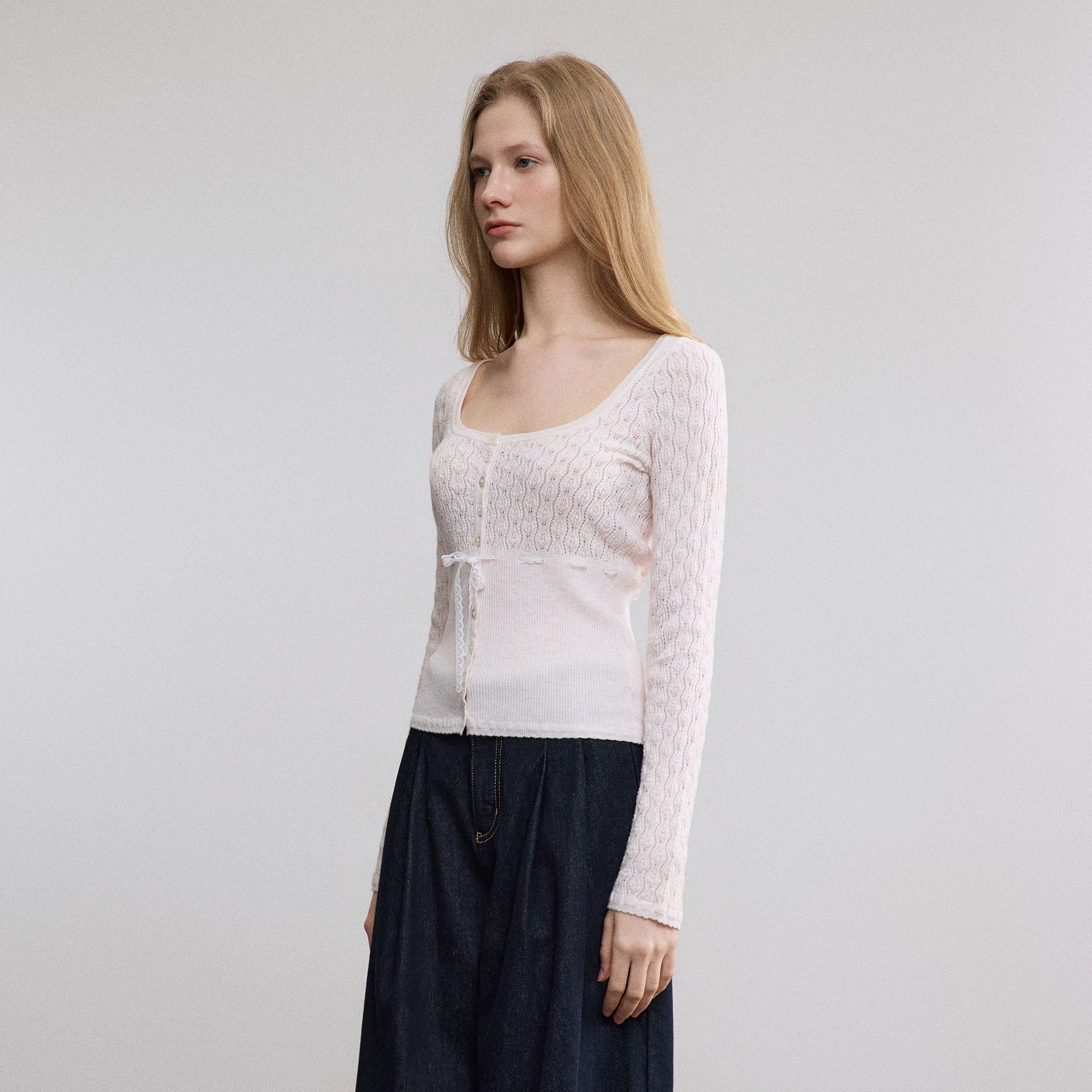 SAME FLOW Pointelle Lace-Tie Long-Sleeve Tee