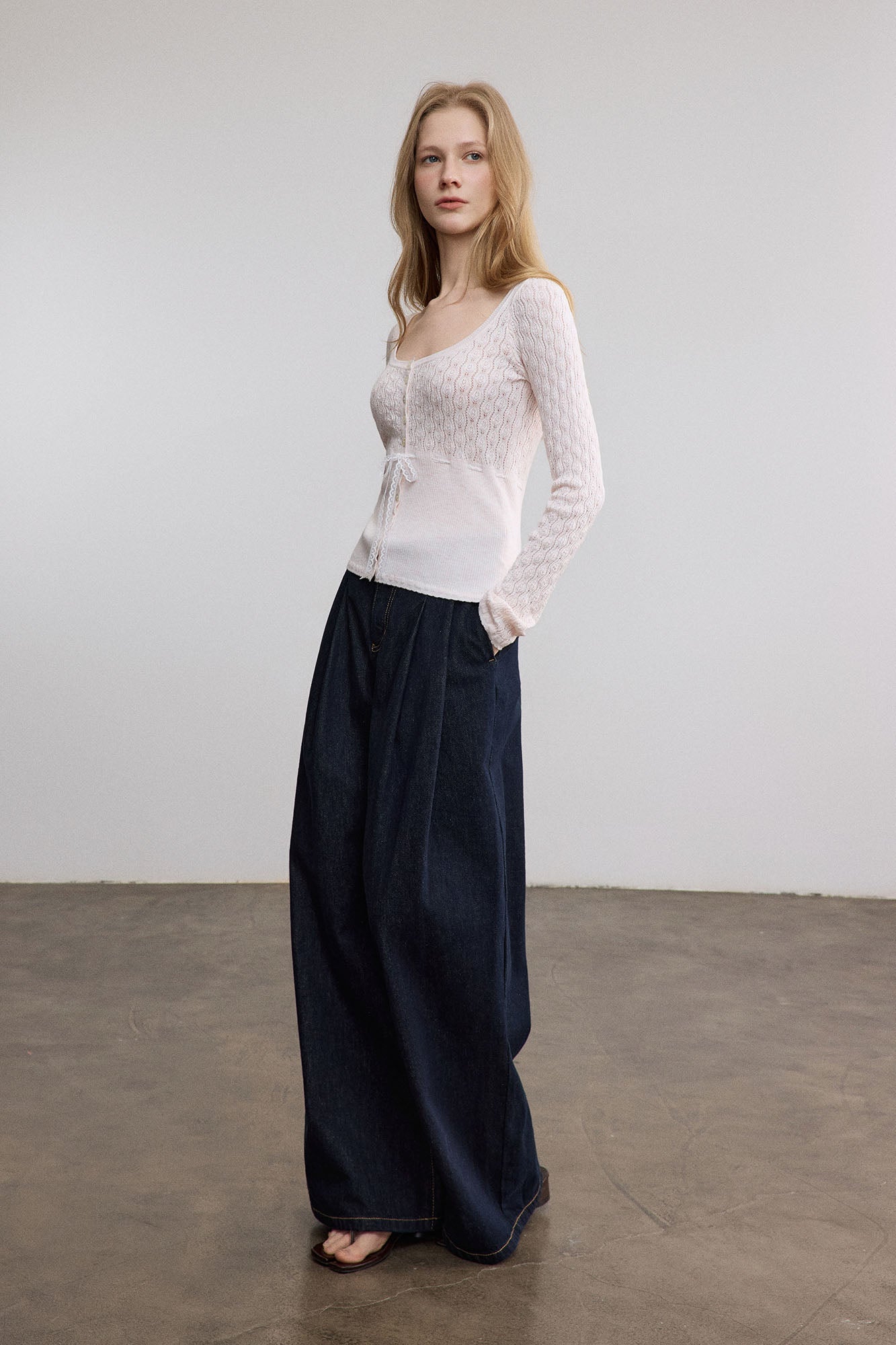 SAME FLOW Pointelle Lace-Tie Long-Sleeve Tee