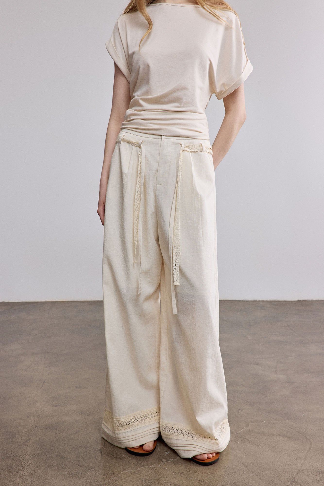 SAME FLOW Lace-Trim Wide-Leg Pants