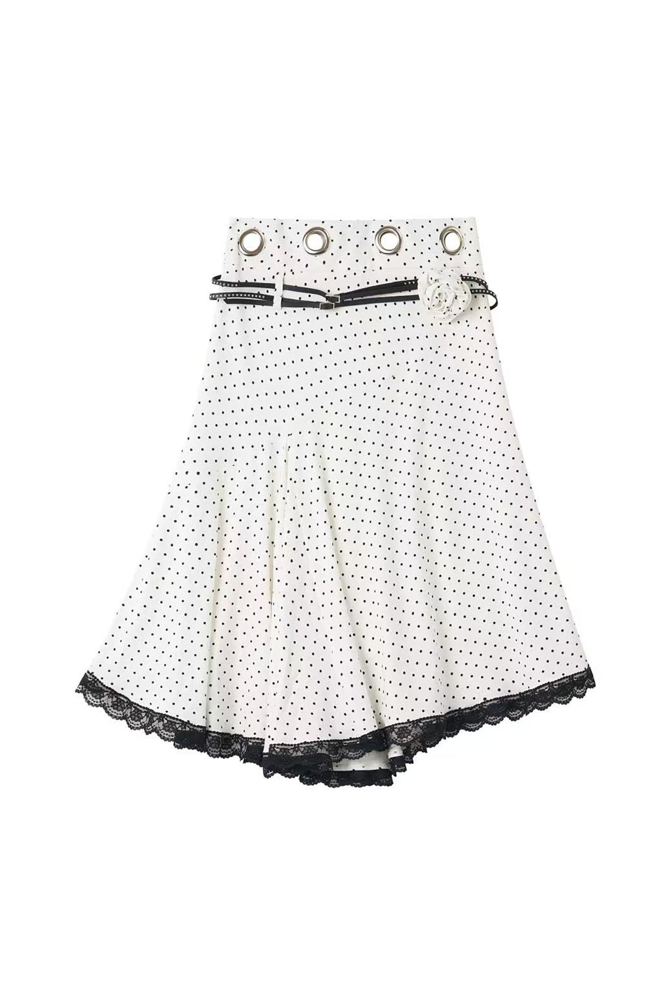 NONAME SPACE Polka-Dot Lace-Trim Asymmetric Midi Skirt