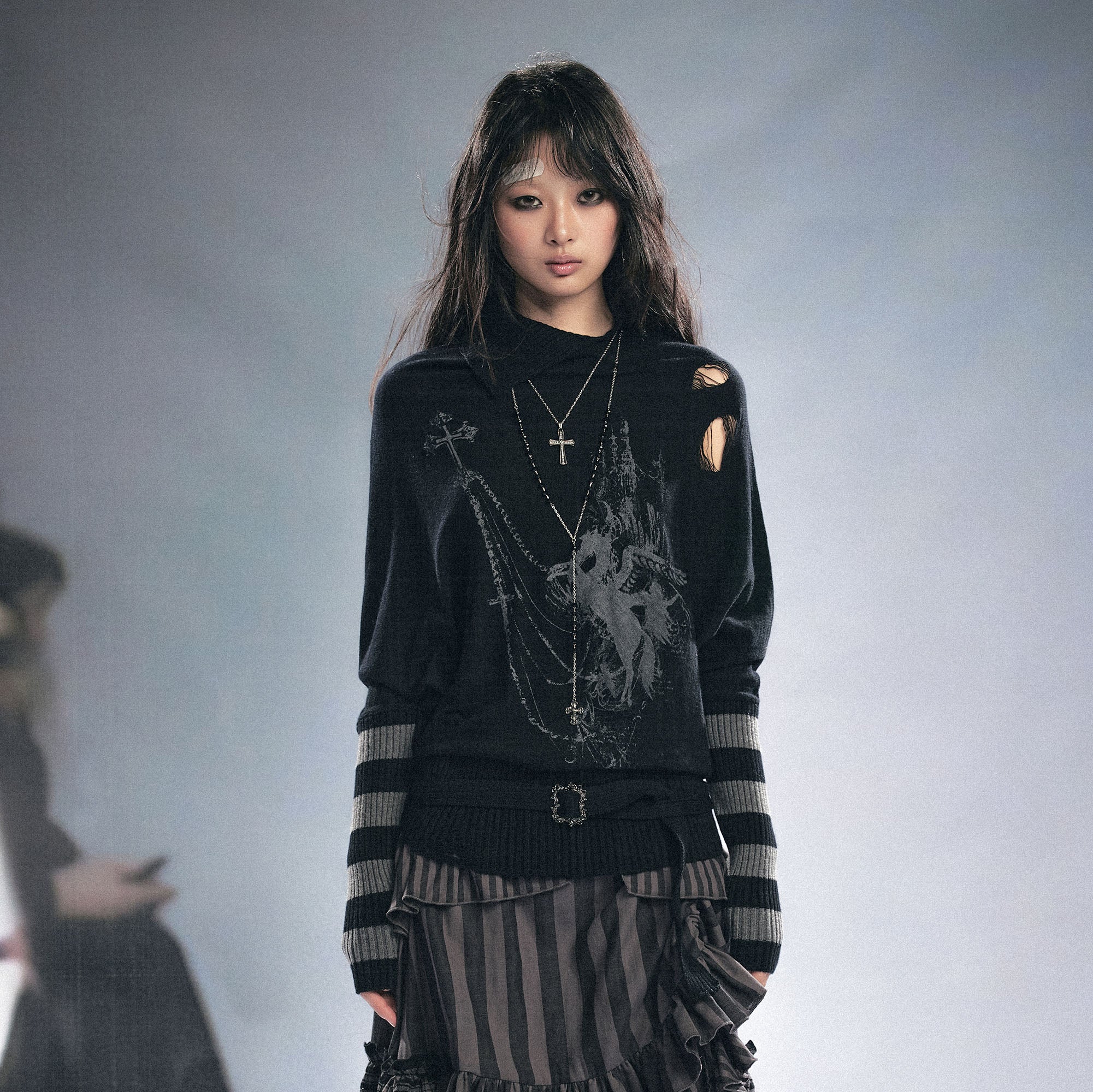 CESTNOUS Gothic Graphic Striped Bat-Sleeve Sweater