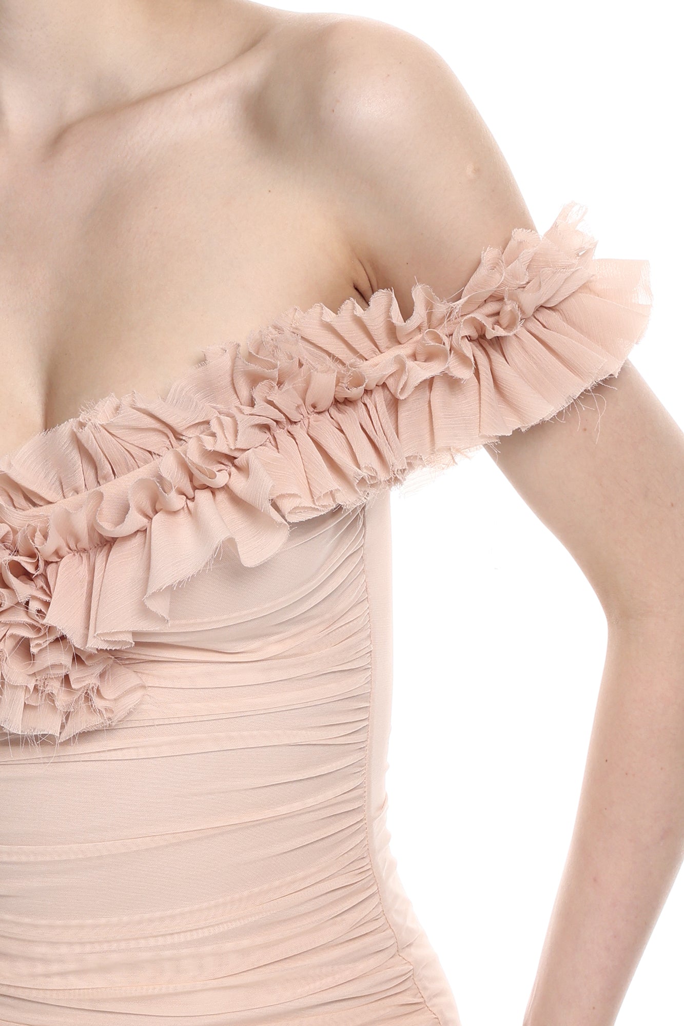MILLIONLOTUS Ruffle Off-Shoulder Ruched Mini Dress