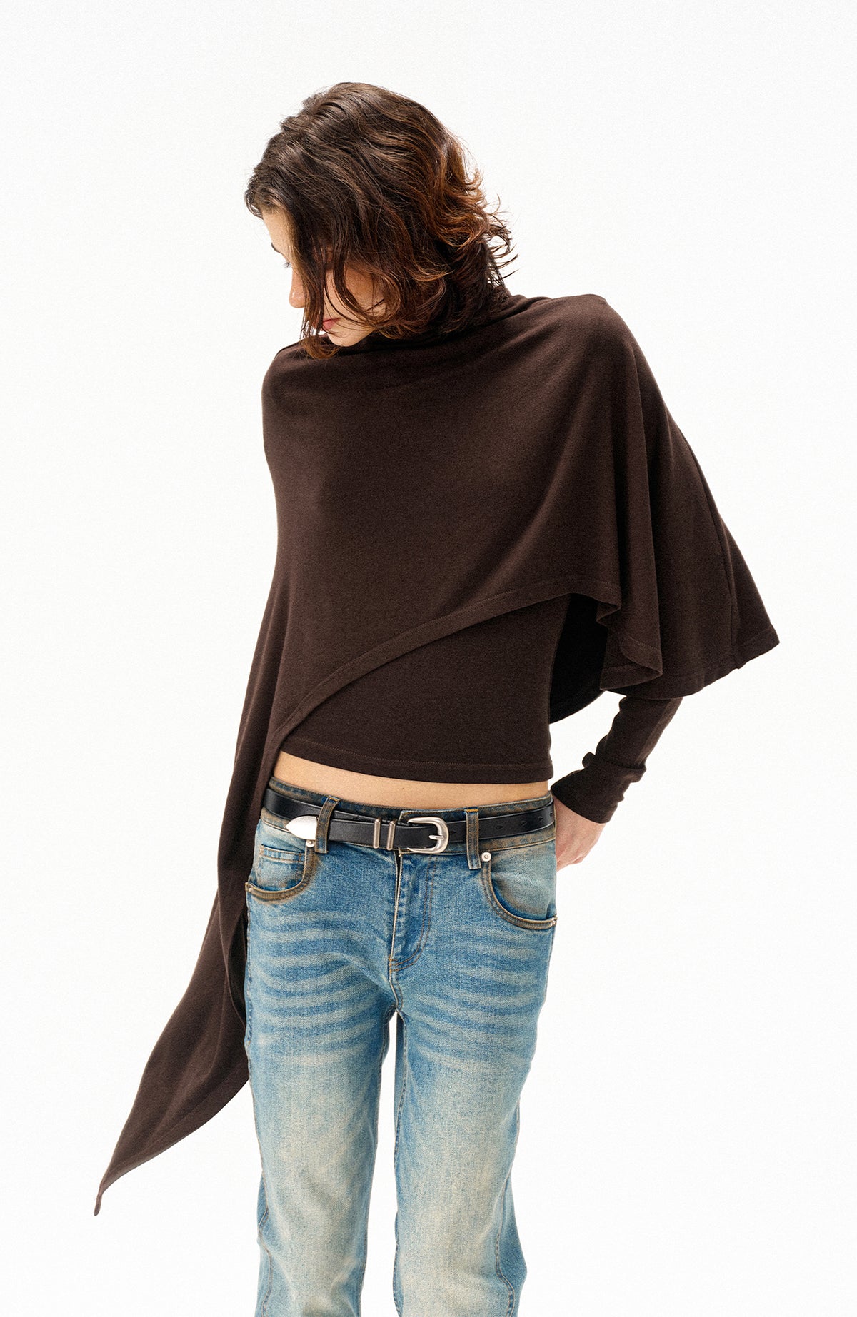 COSTUSTOOT Cape-Style Asymmetric Layered Knit Long-Sleeve Tee