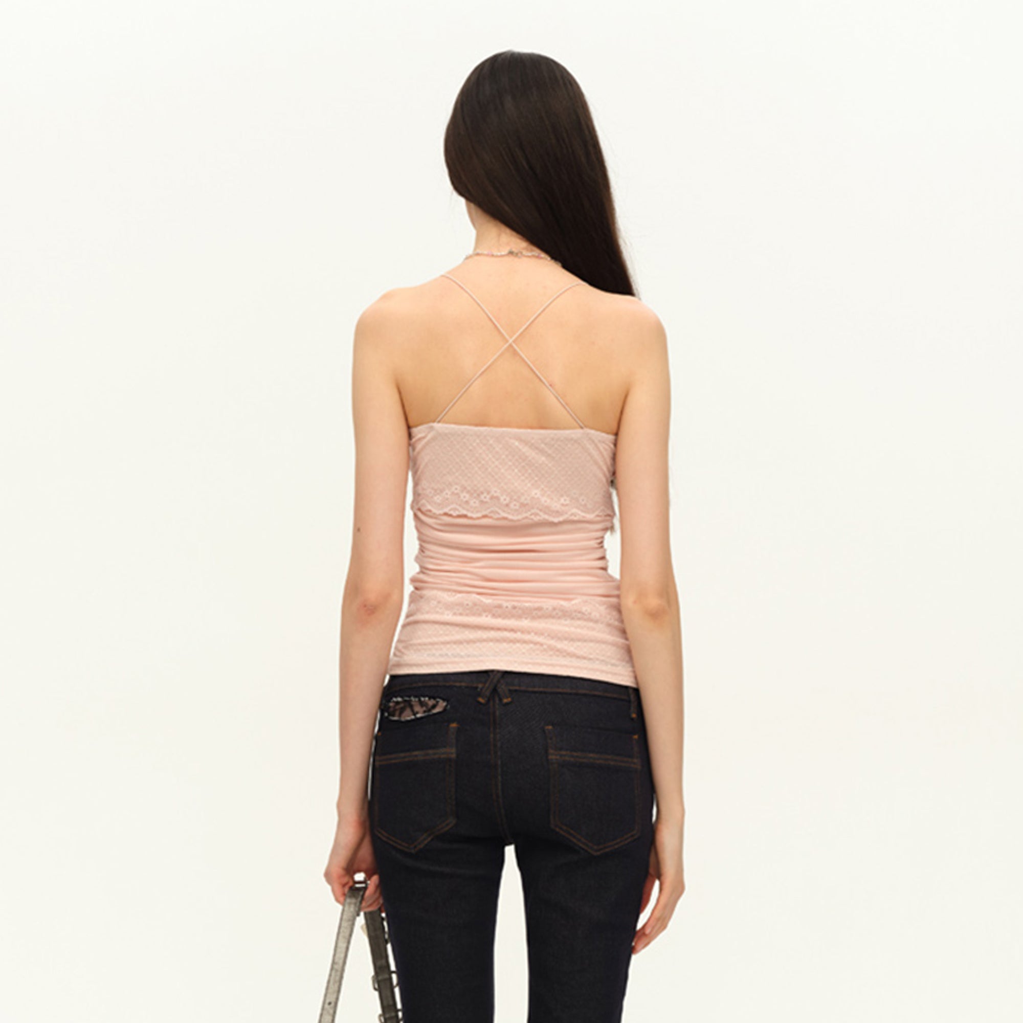 DOTYEARS Beaded Strap Lace Ruched Cami Top