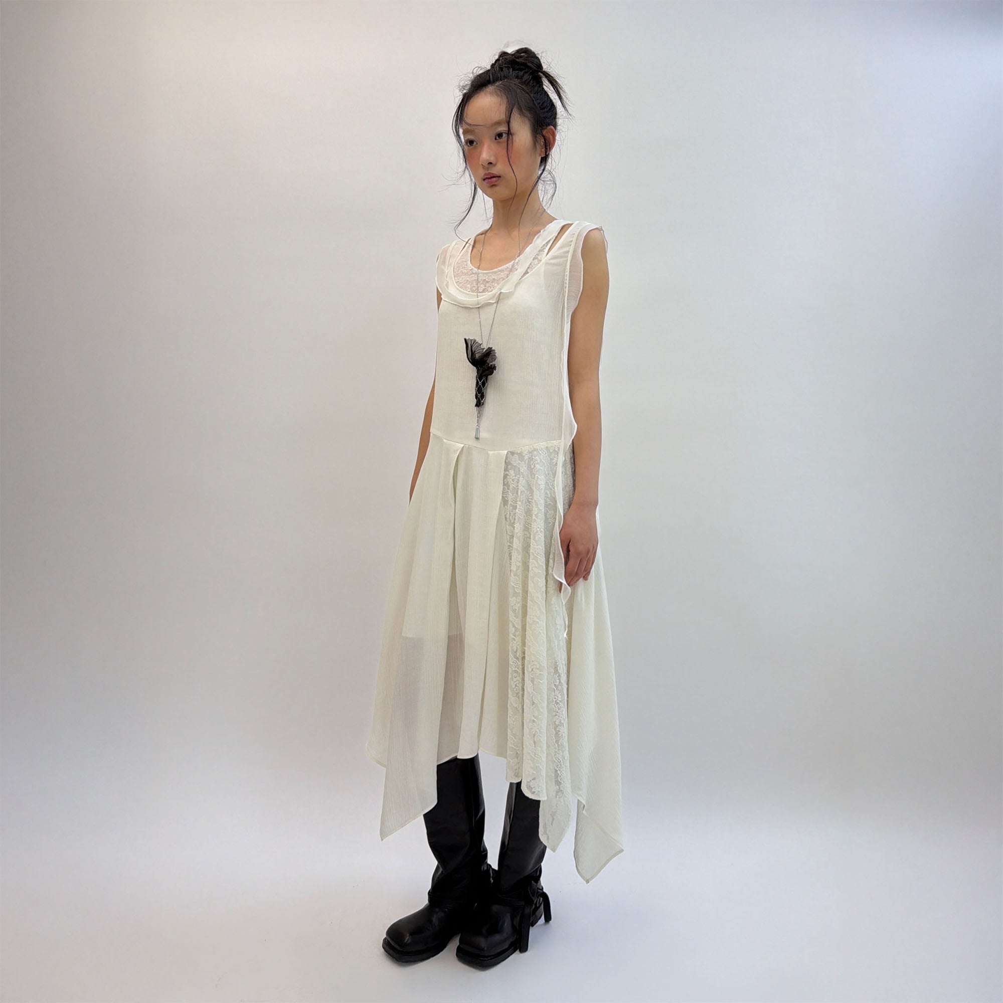 NEVERSEEZ Faux Layered Lace-Panel Wool-Blend Dress